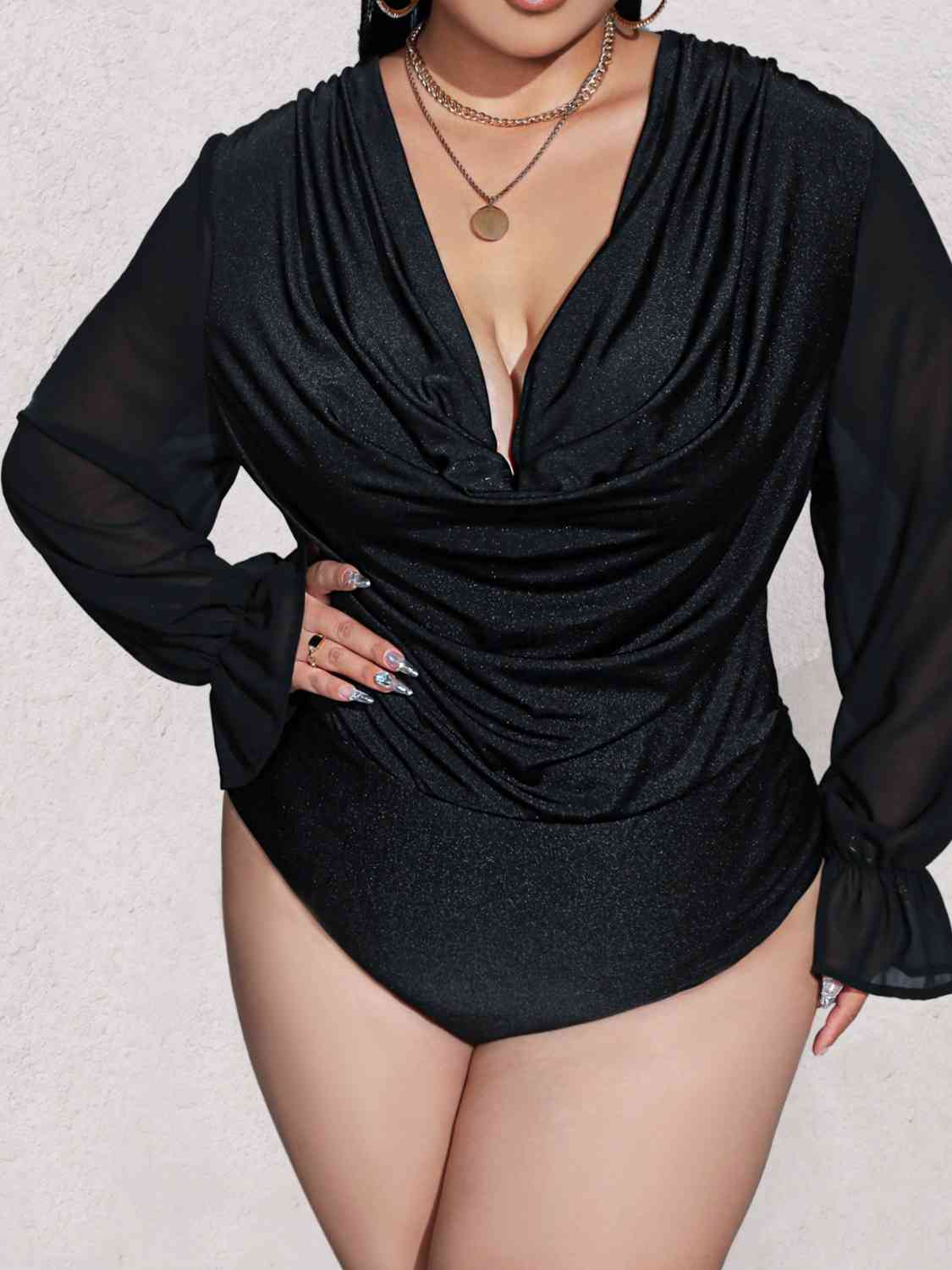 Plus Size Sexy Plunge Long Sleeve Bodysuit-TOPS / DRESSES-[Adult]-[Female]-Black-0XL-2022 Online Blue Zone Planet