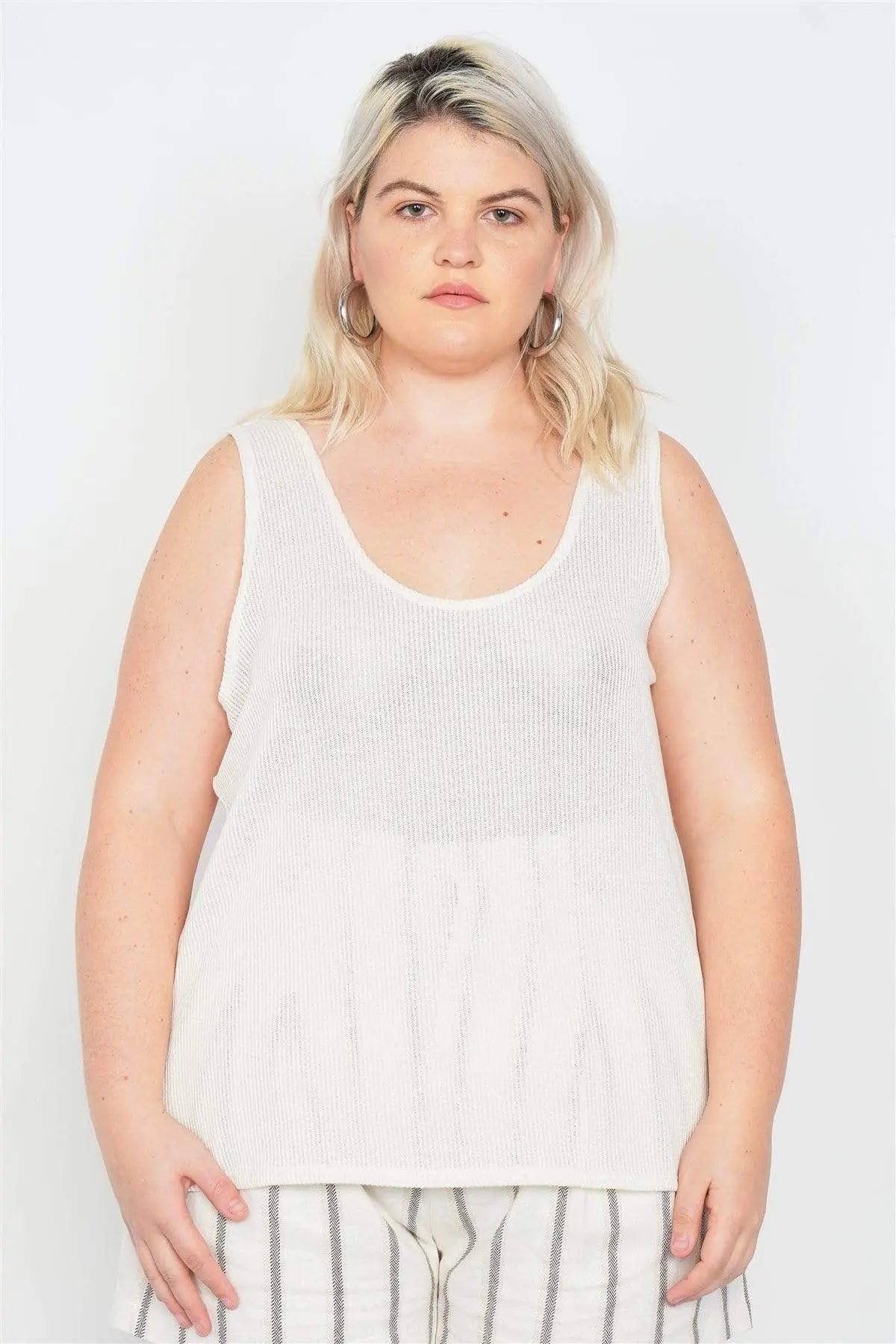 Plus Size Sheer Ivory Ribbed Causal Tank Top Blue Zone Planet