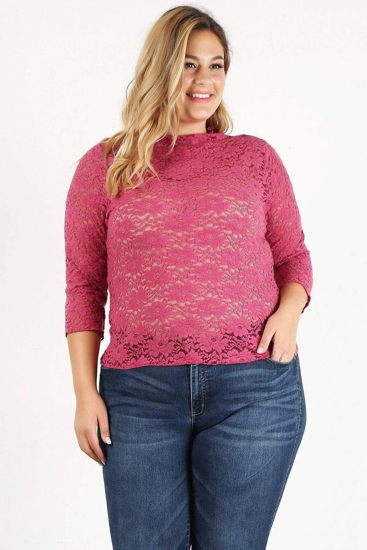 Plus Size Sheer Lace Fitted Top Blue Zone Planet