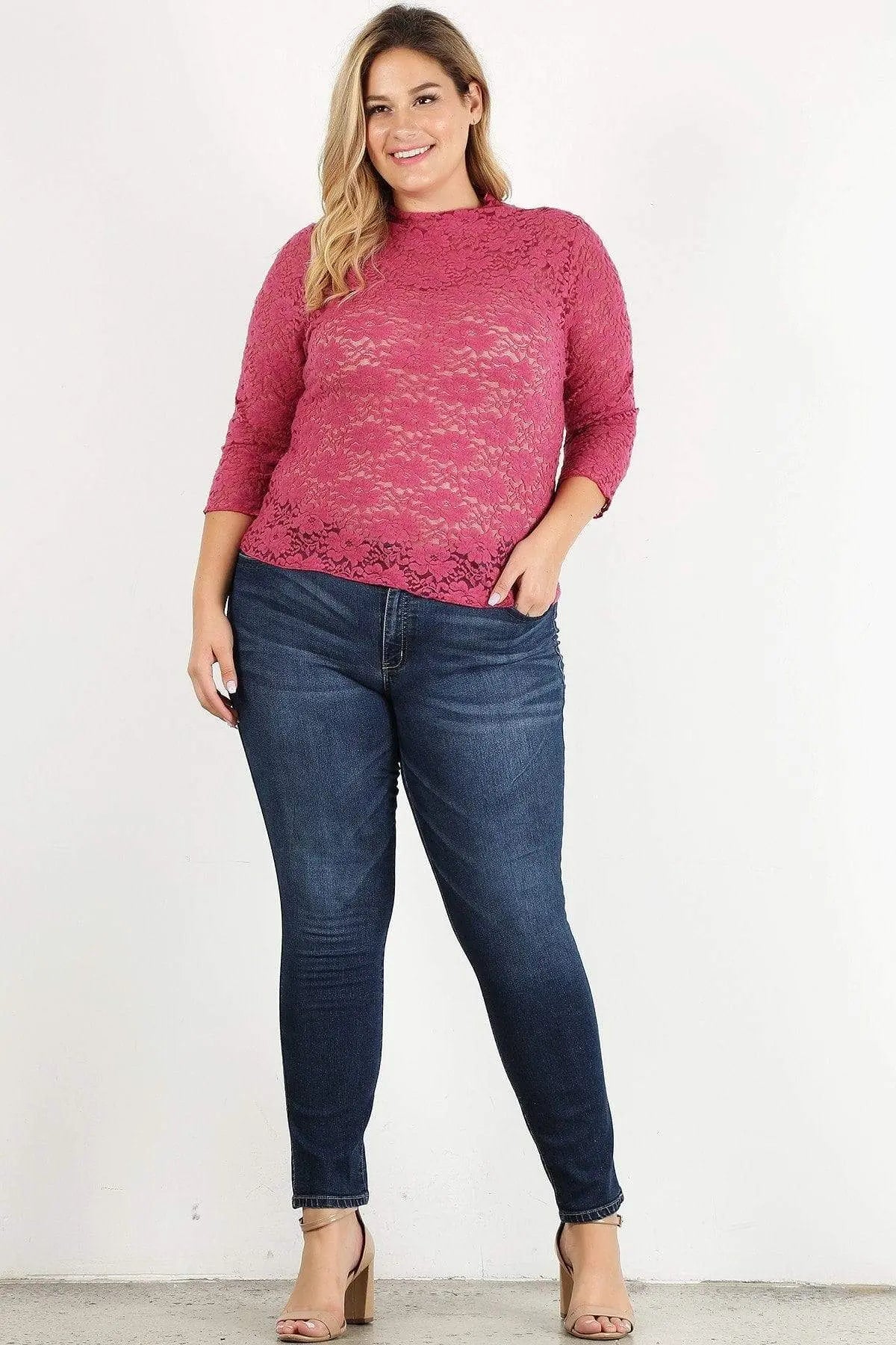 Plus Size Sheer Lace Fitted Top Blue Zone Planet