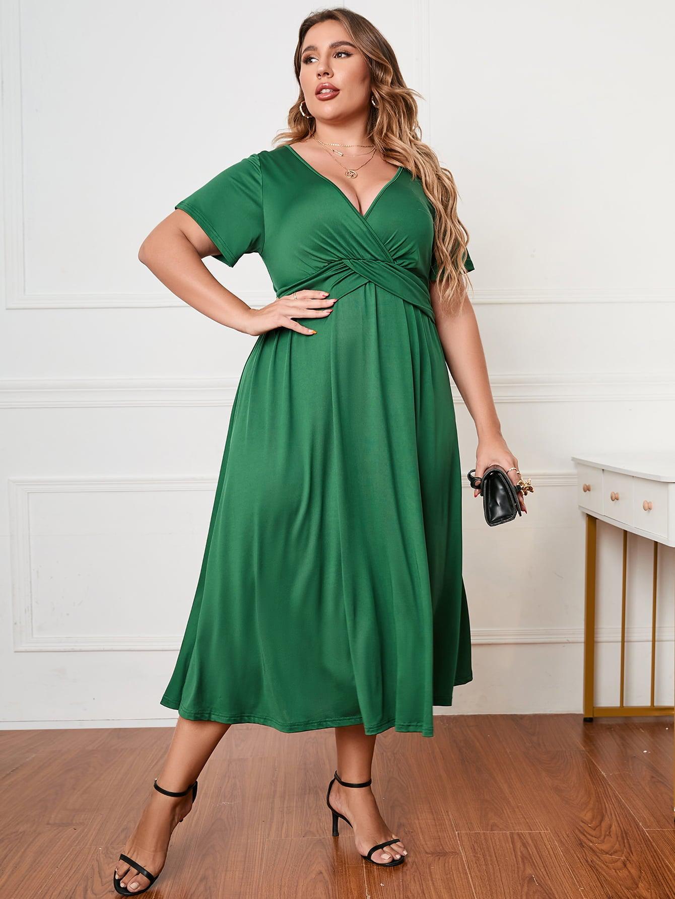 Plus Size Short Sleeve Surplice Neck Midi Dress BLUE ZONE PLANET