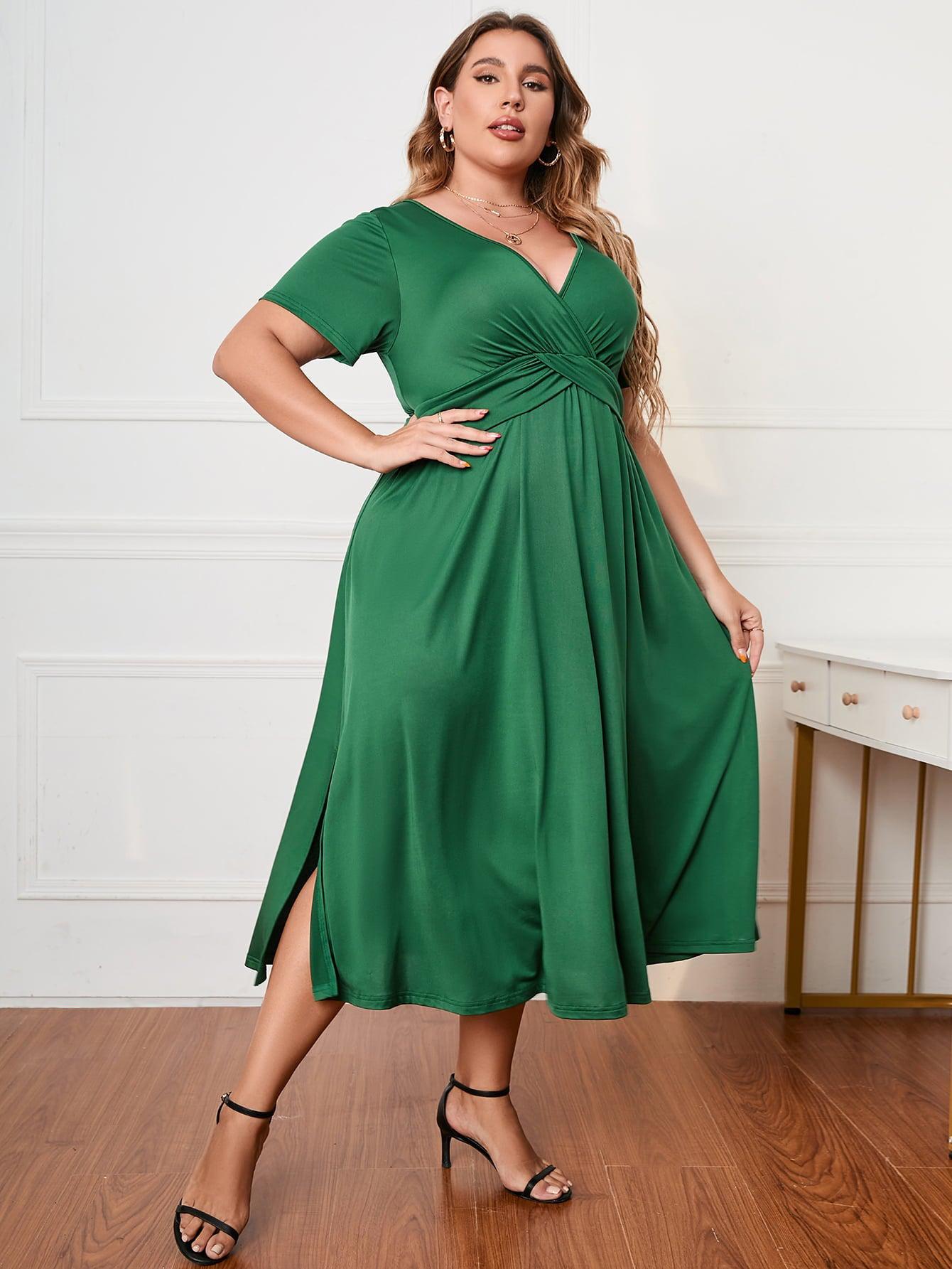 Plus Size Short Sleeve Surplice Neck Midi Dress BLUE ZONE PLANET