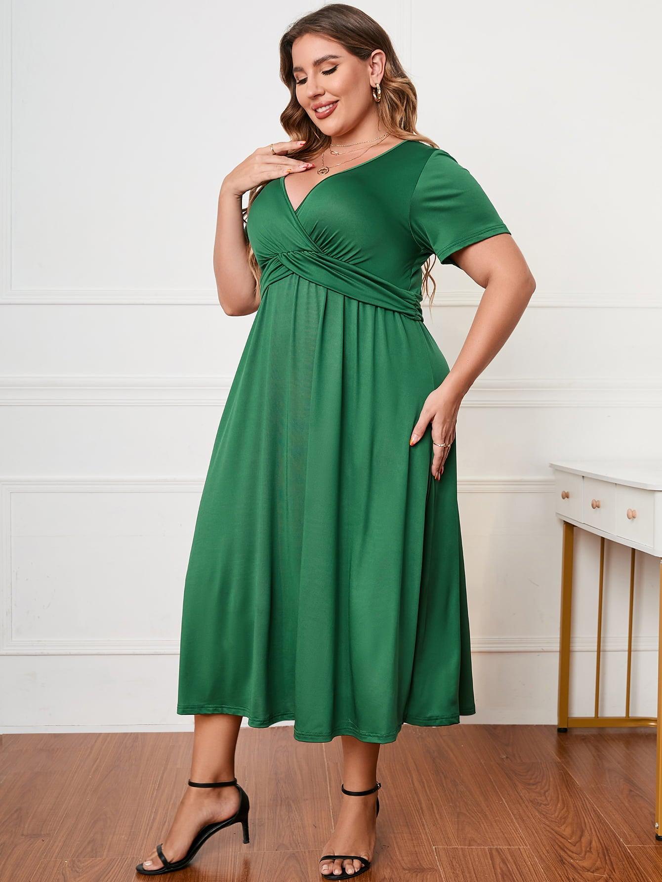 Plus Size Short Sleeve Surplice Neck Midi Dress BLUE ZONE PLANET