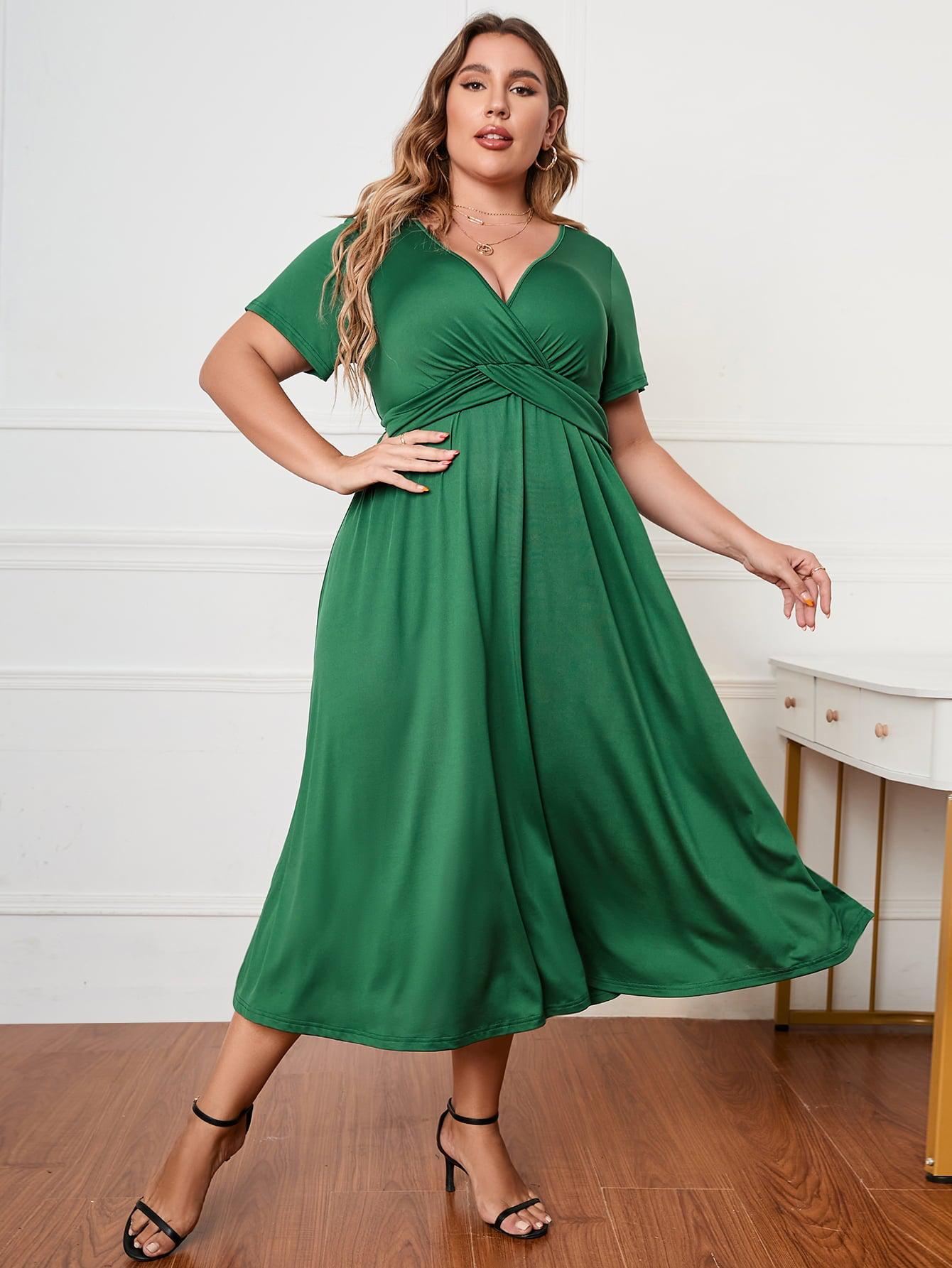 Plus Size Short Sleeve Surplice Neck Midi Dress BLUE ZONE PLANET