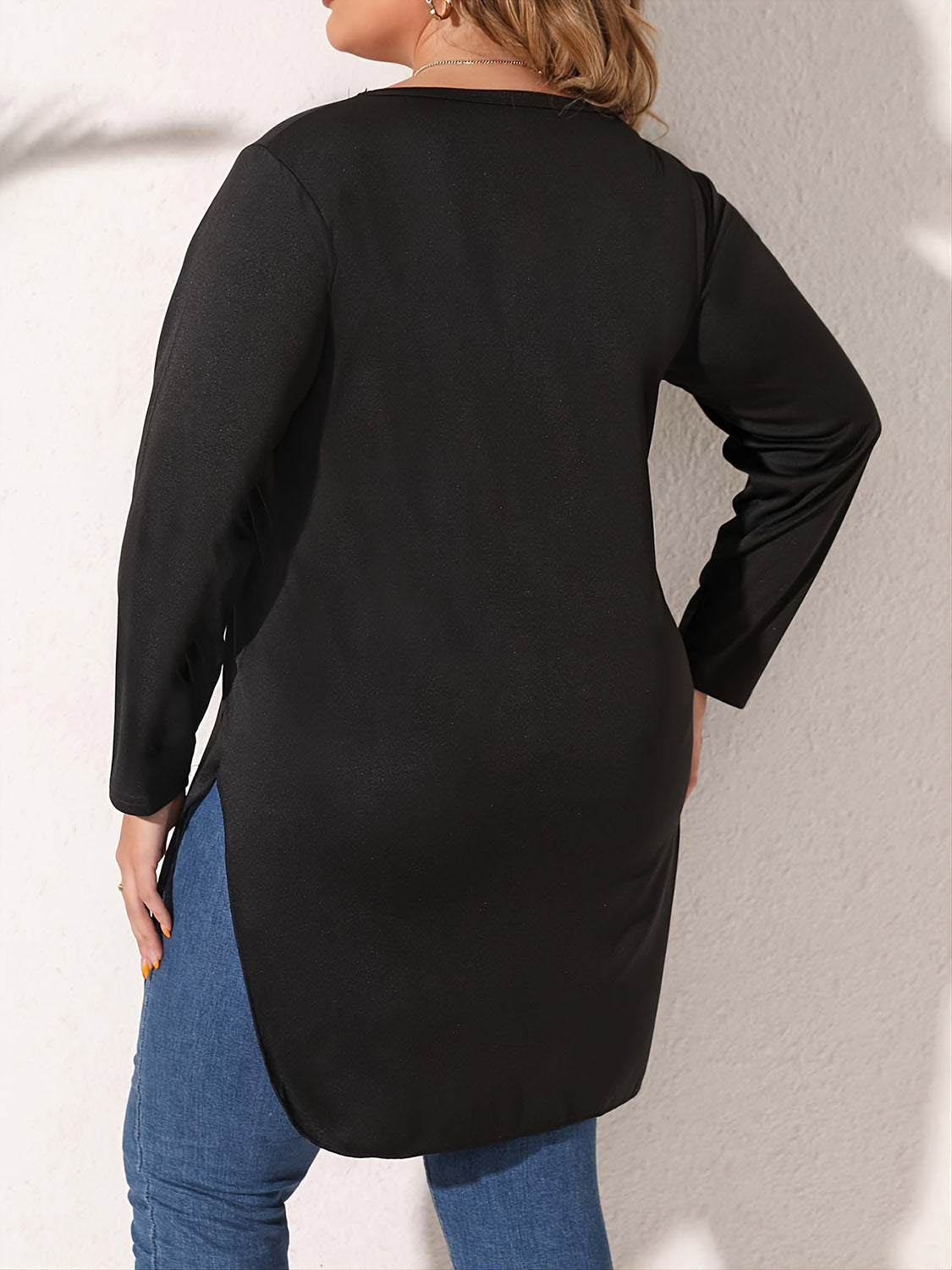 Plus Size Slit Long Sleeve T-Shirt BLUE ZONE PLANET