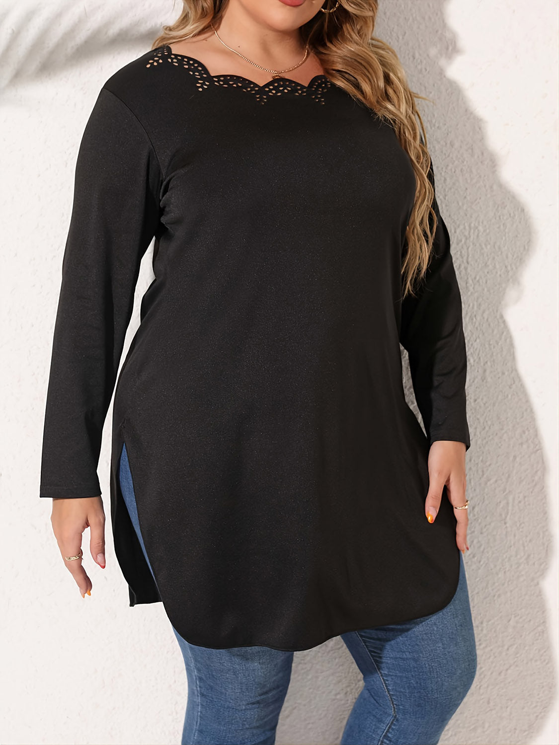 Plus Size Slit Long Sleeve T-Shirt BLUE ZONE PLANET