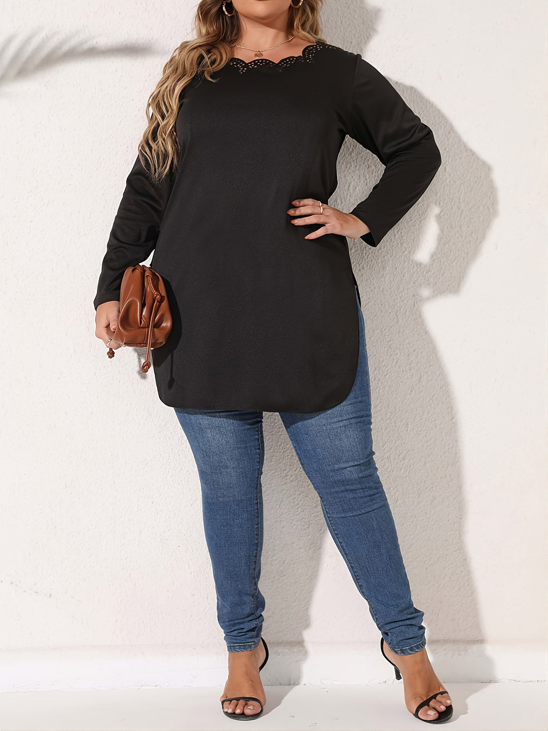 Plus Size Slit Long Sleeve T-Shirt BLUE ZONE PLANET