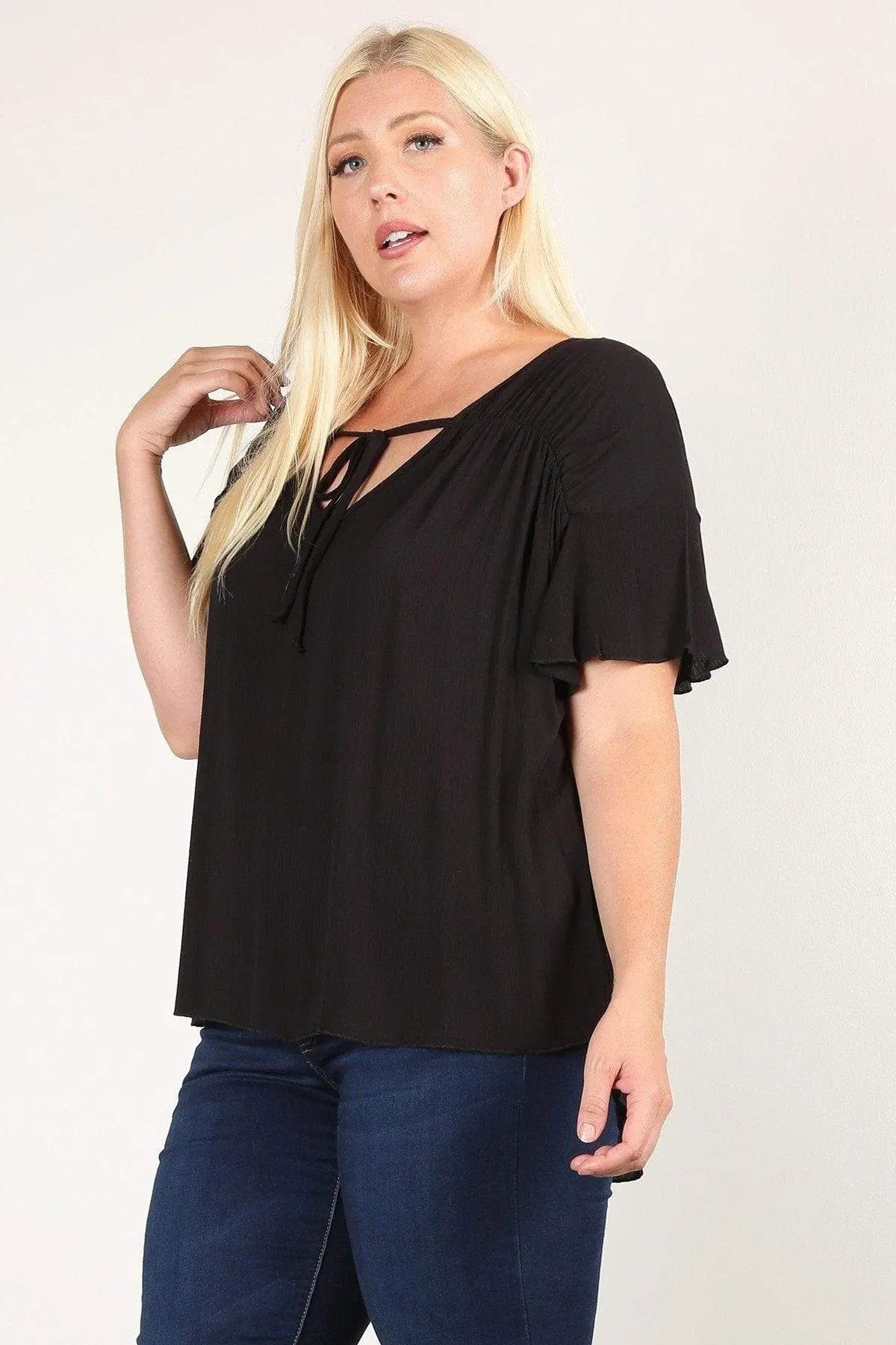 Plus Size Solid Top With A Necktie, Pleated Detail, And Flutter Sleeves Blue Zone Planet