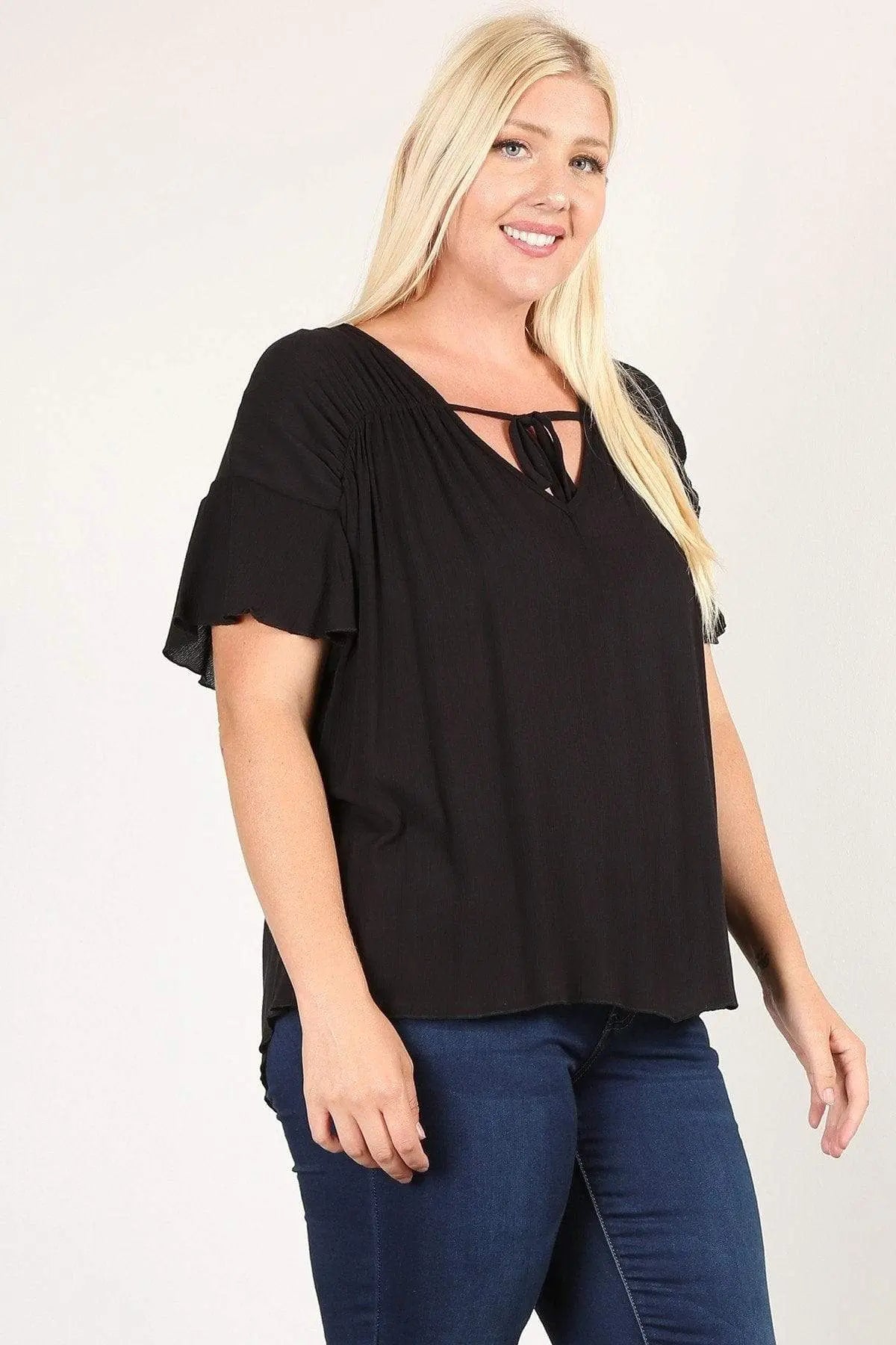 Plus Size Solid Top With A Necktie, Pleated Detail, And Flutter Sleeves Blue Zone Planet