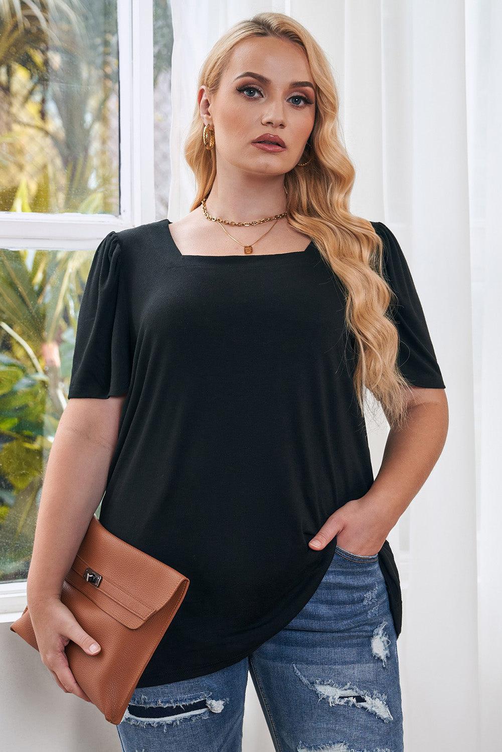 Plus Size Square Neck Puff Sleeve Tee BLUE ZONE PLANET