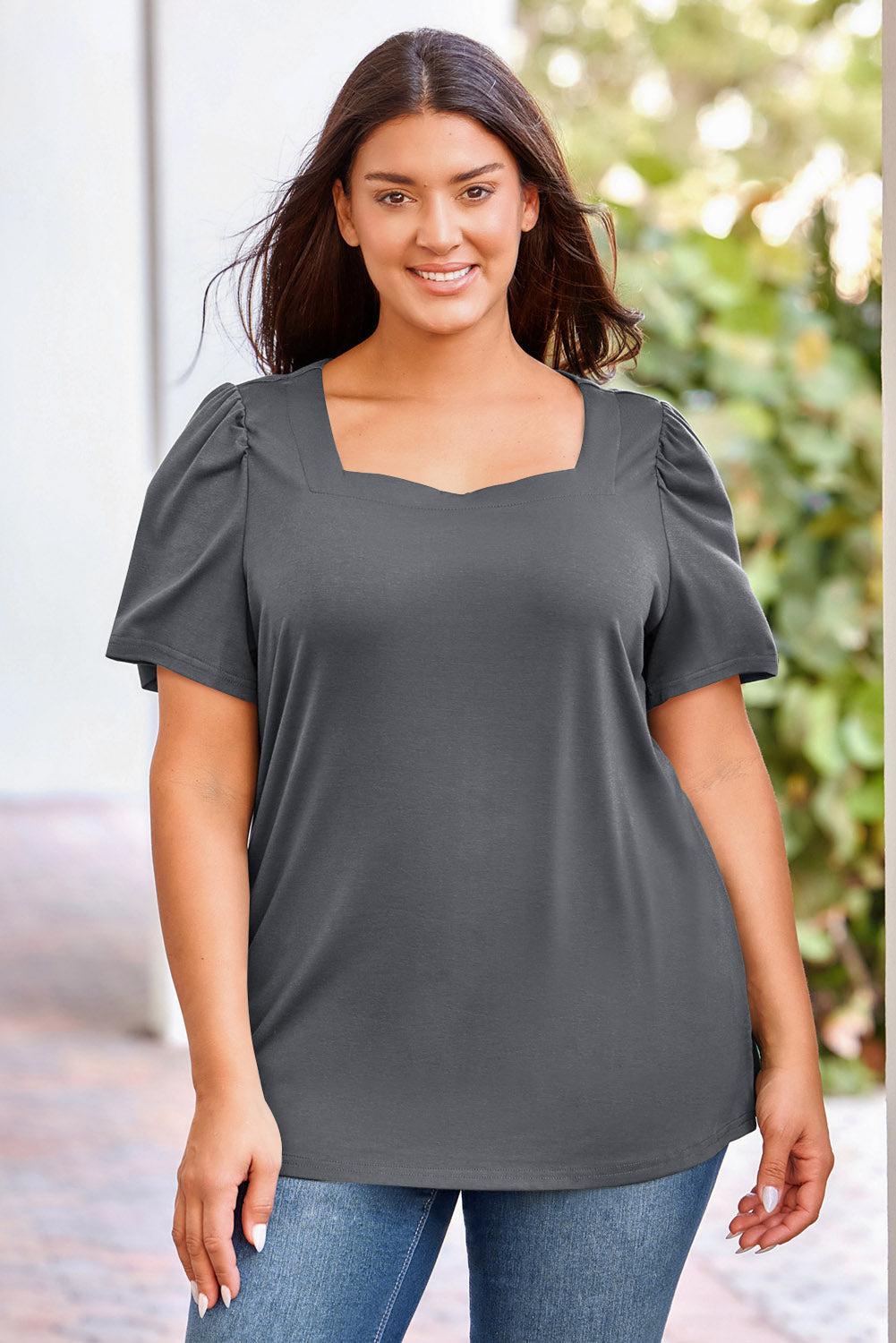 Plus Size Square Neck Puff Sleeve Tee BLUE ZONE PLANET