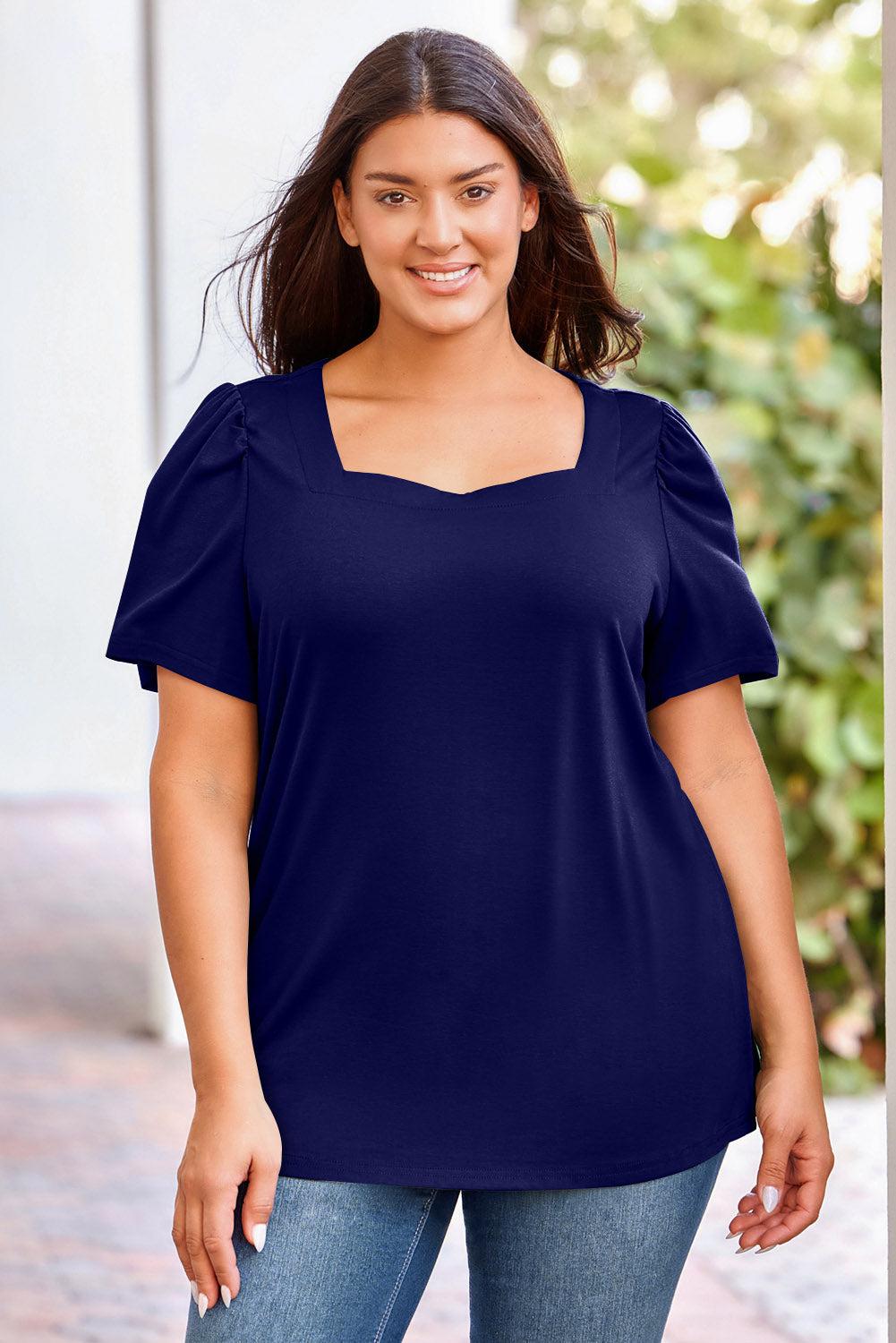 Plus Size Square Neck Puff Sleeve Tee BLUE ZONE PLANET