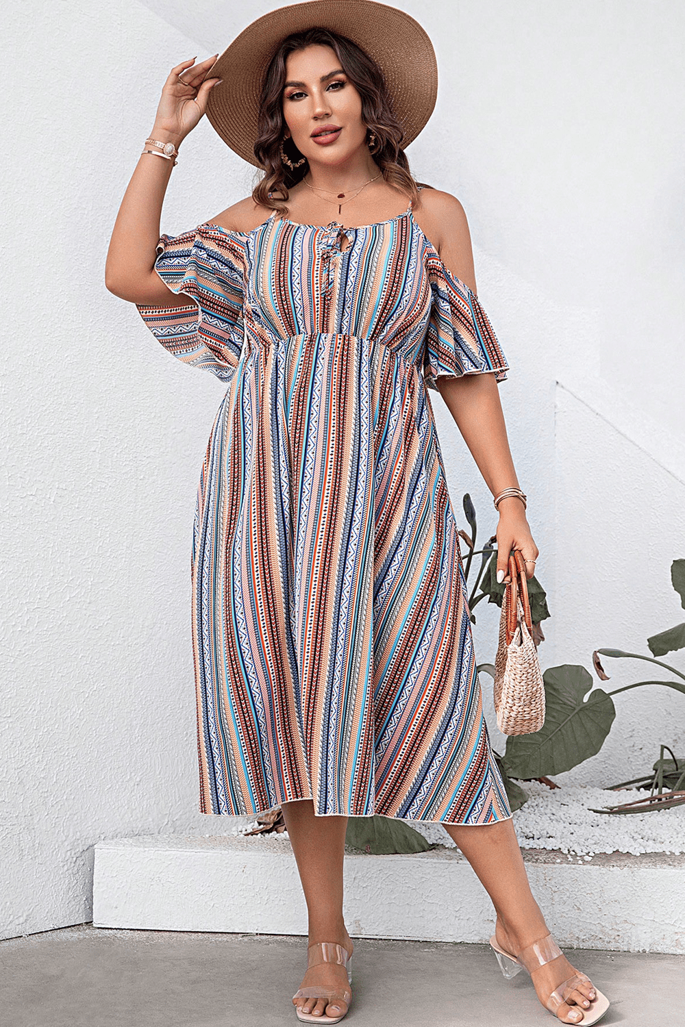 Plus Size Striped Cold-Shoulder Dress BLUE ZONE PLANET