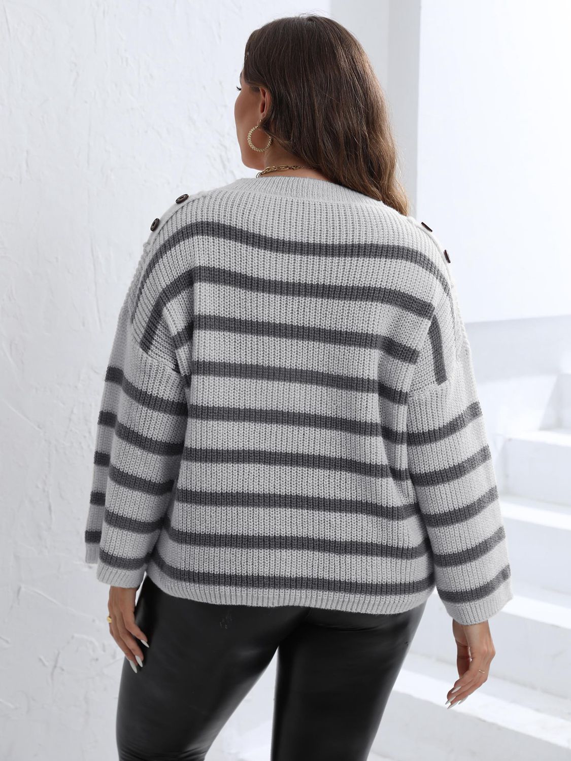 Plus Size Striped Dropped Shoulder Sweater BLUE ZONE PLANET