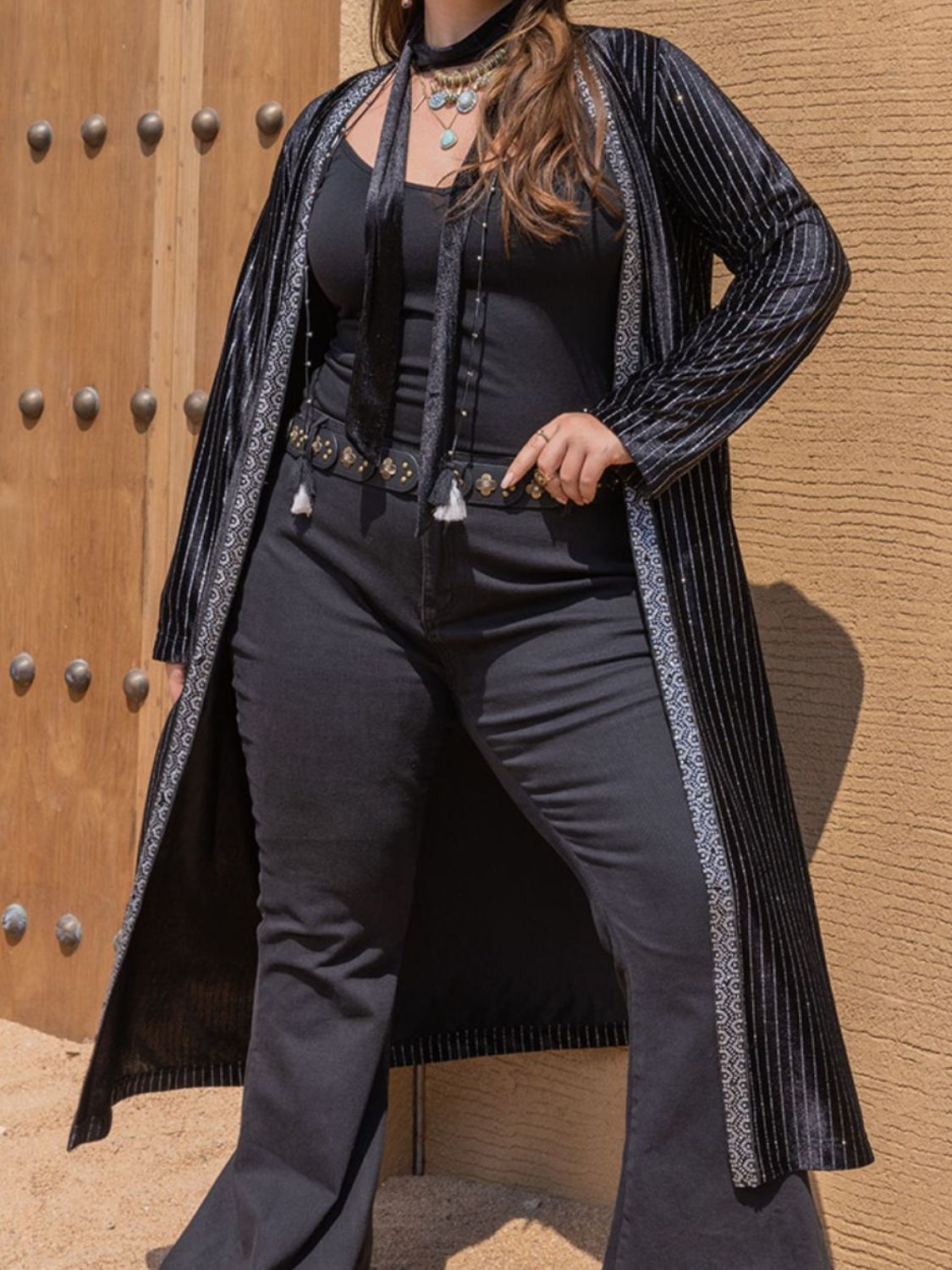 Plus Size Striped Long Sleeve Cardigan-TOPS / DRESSES-[Adult]-[Female]-Black-0XL-2022 Online Blue Zone Planet