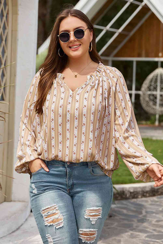 Plus Size Striped Notched Neck Blouse BLUE ZONE PLANET