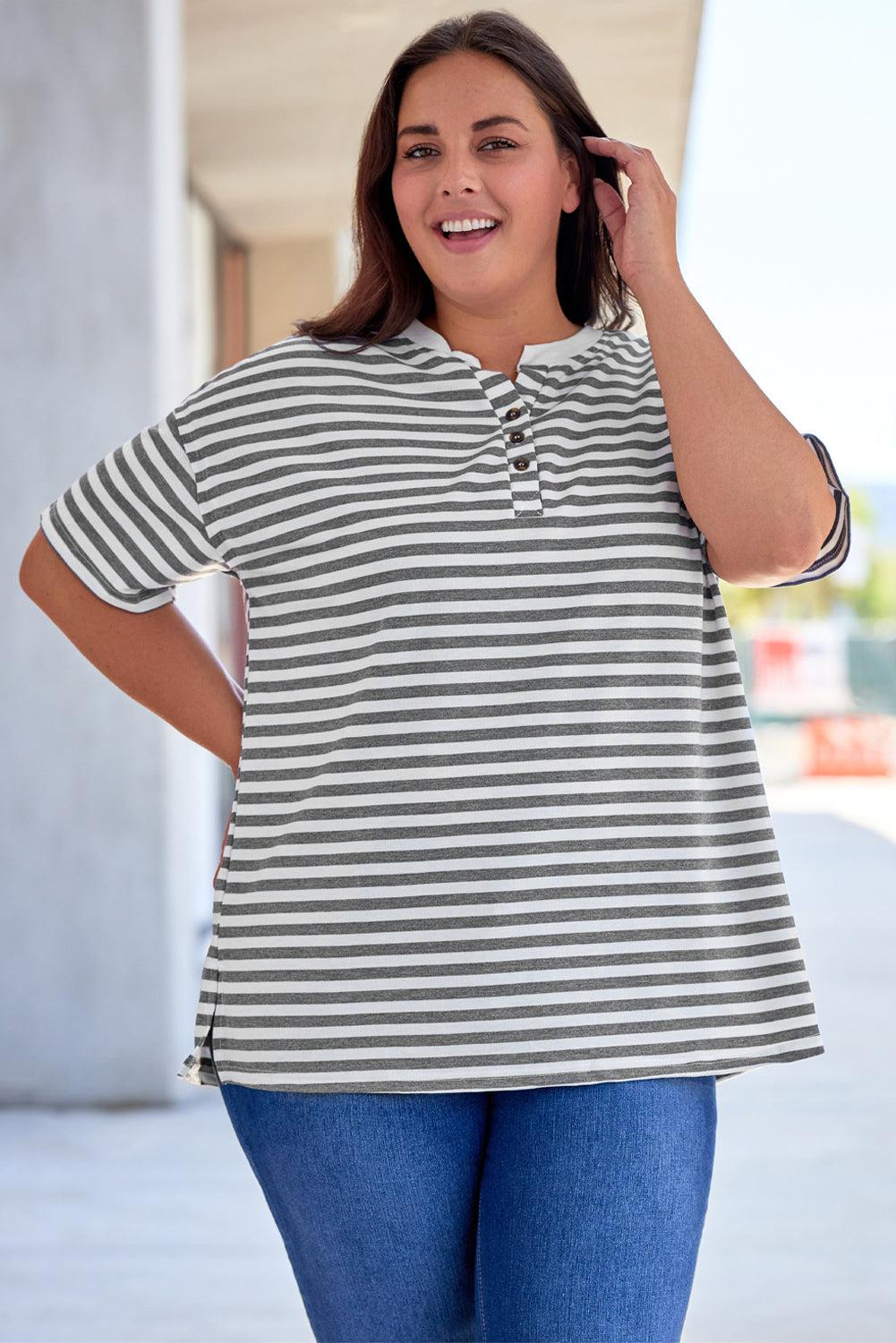 Plus Size Striped Notched Neck Short Sleeve Tee BLUE ZONE PLANET