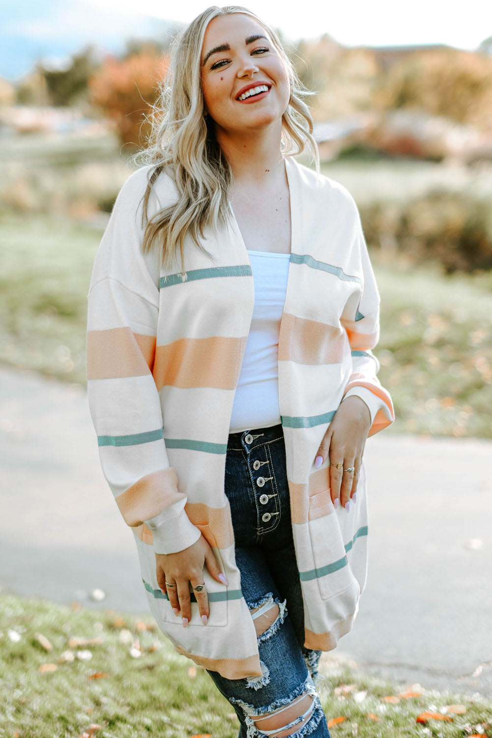 Plus Size Striped Open Front Cardigan BLUE ZONE PLANET