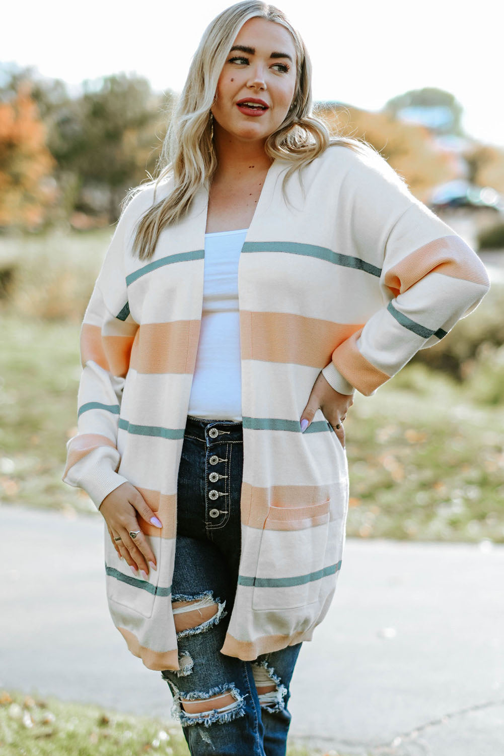 Plus Size Striped Open Front Cardigan BLUE ZONE PLANET