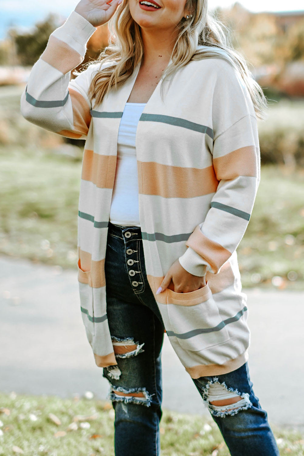 Plus Size Striped Open Front Cardigan BLUE ZONE PLANET