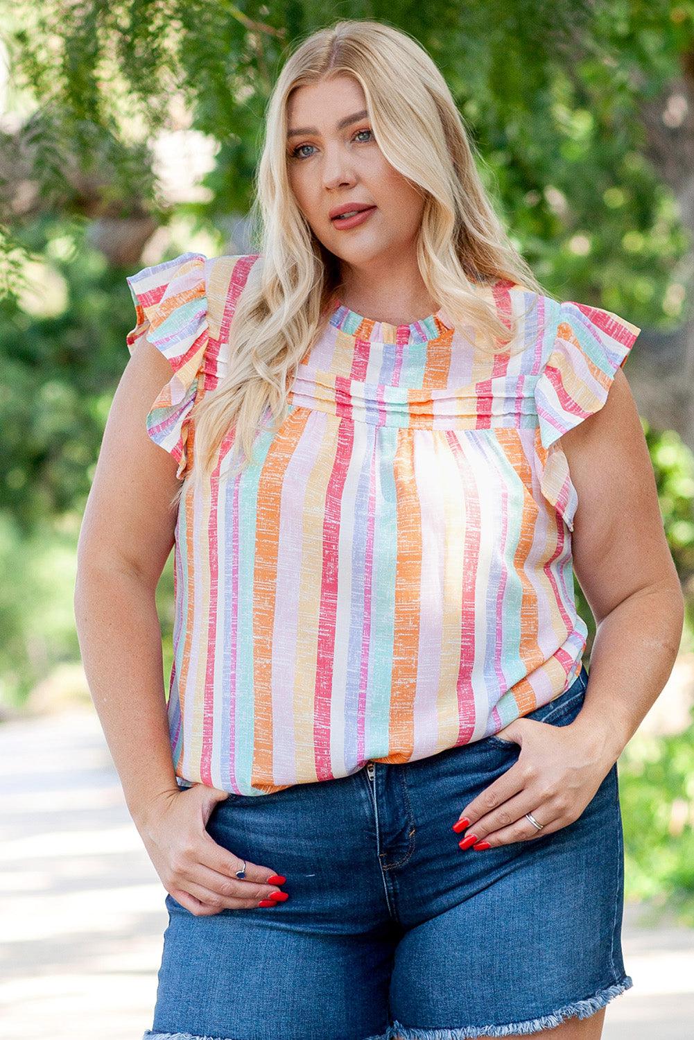 Plus Size Striped Round Neck Flutter Sleeve Blouse BLUE ZONE PLANET