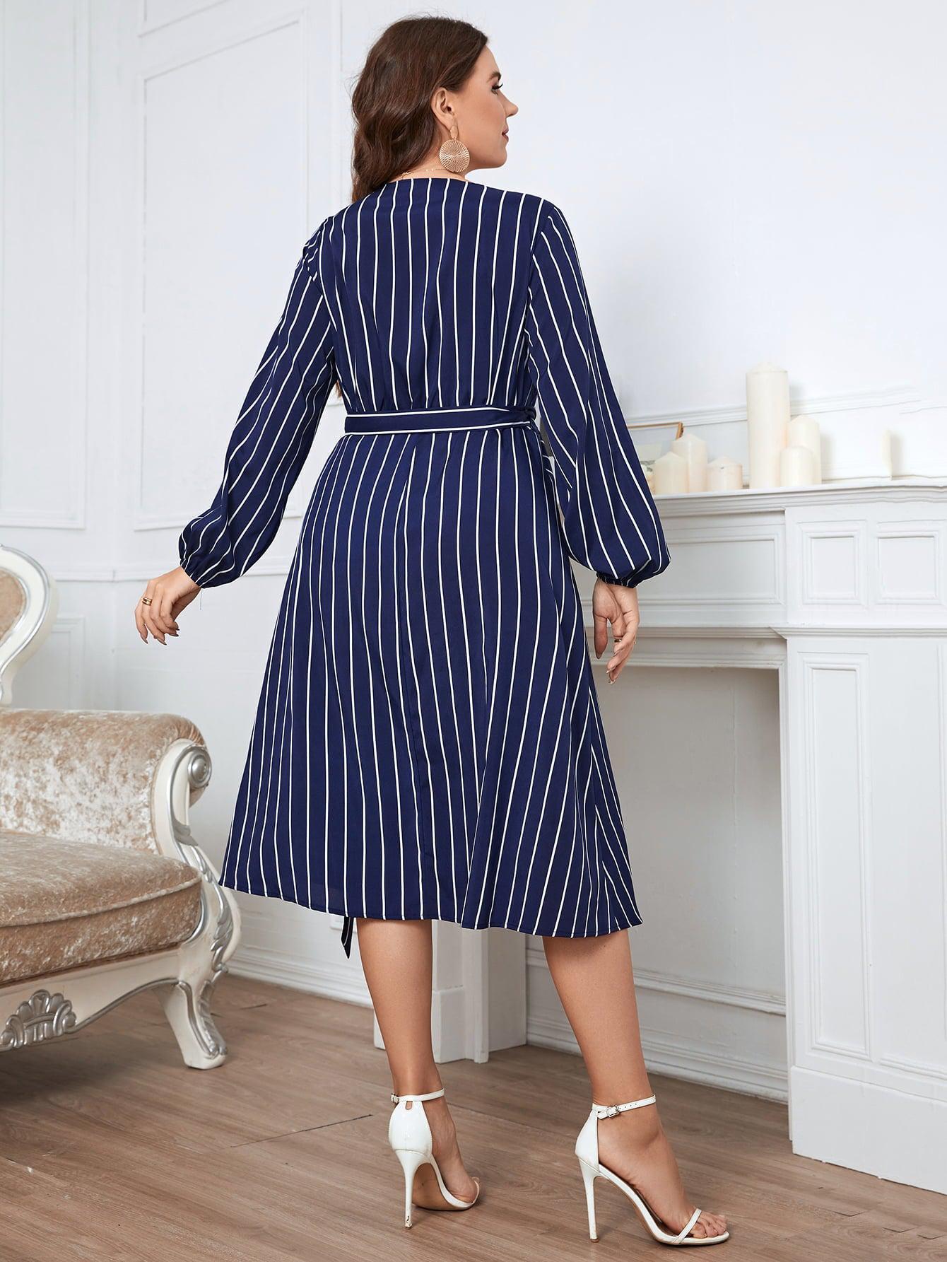 Plus Size Striped Surplice Neck Long Sleeve Dress BLUE ZONE PLANET