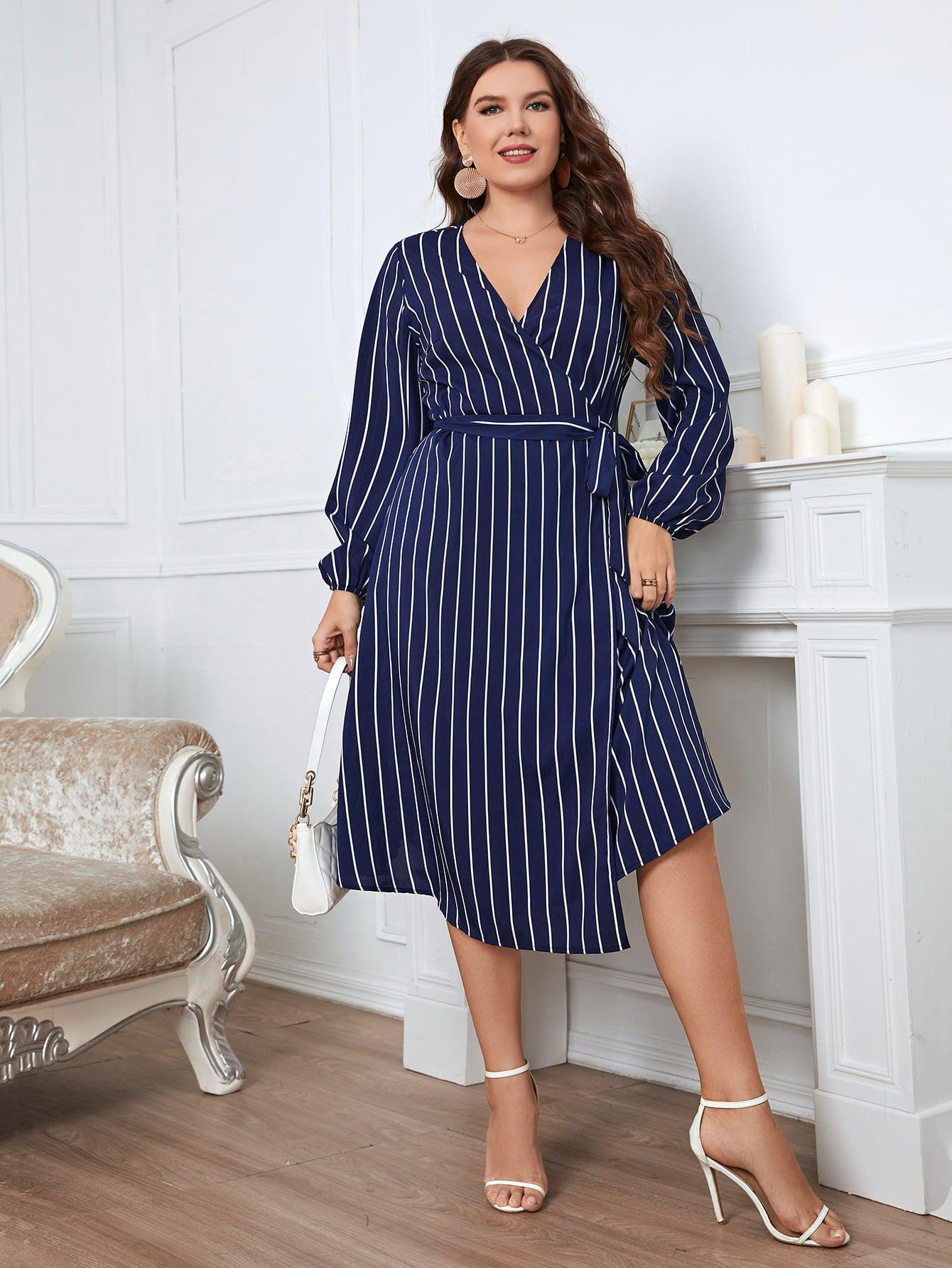 Plus Size Striped Surplice Neck Long Sleeve Dress BLUE ZONE PLANET