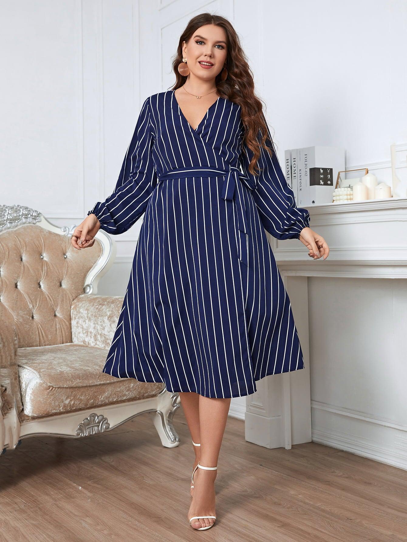 Plus Size Striped Surplice Neck Long Sleeve Dress BLUE ZONE PLANET