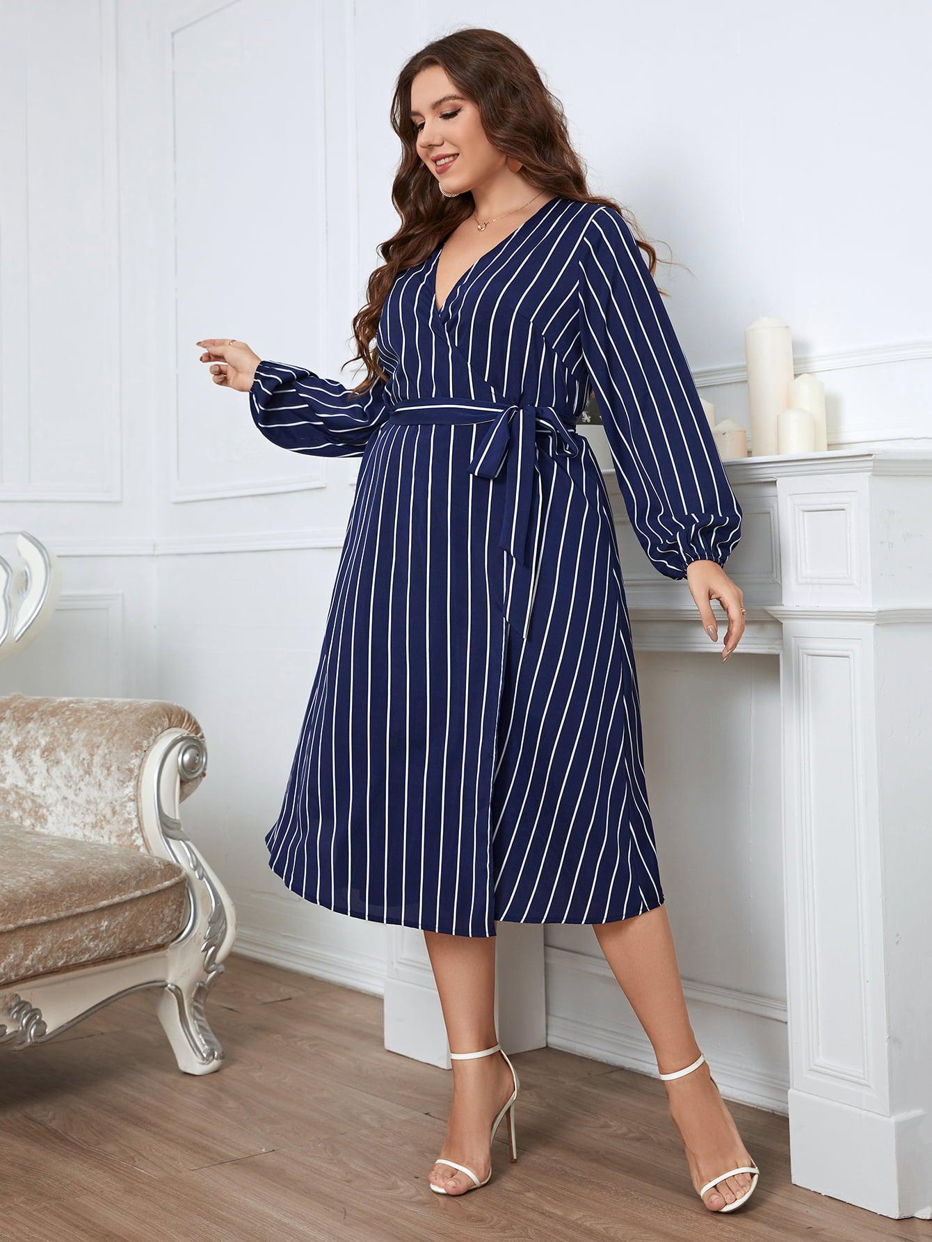 Plus Size Striped Surplice Neck Long Sleeve Dress BLUE ZONE PLANET