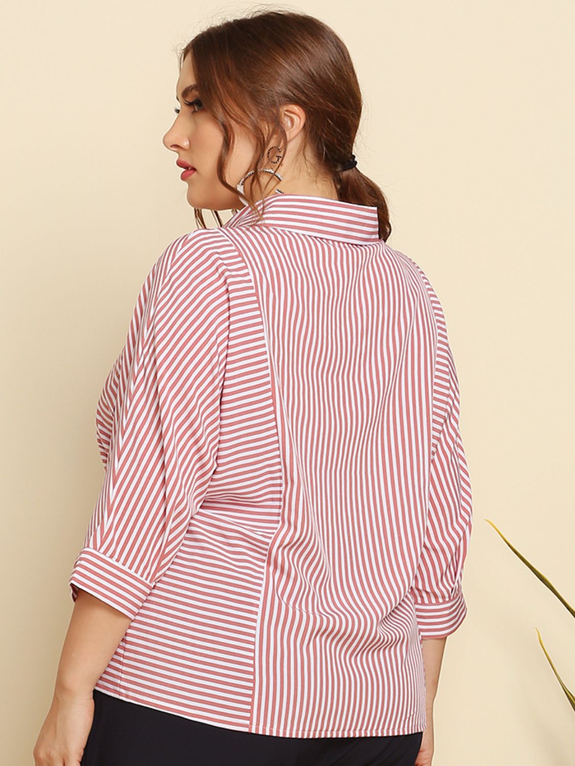 Plus Size Striped Three-Quarter Sleeve Shirt BLUE ZONE PLANET