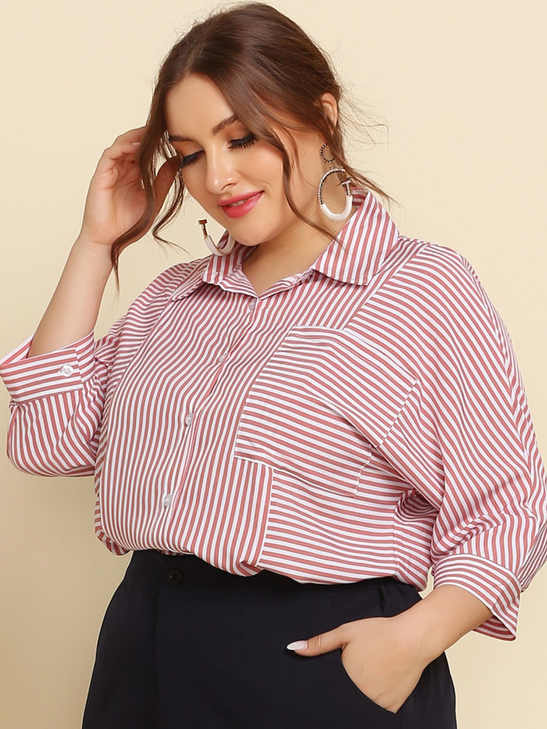 Plus Size Striped Three-Quarter Sleeve Shirt BLUE ZONE PLANET