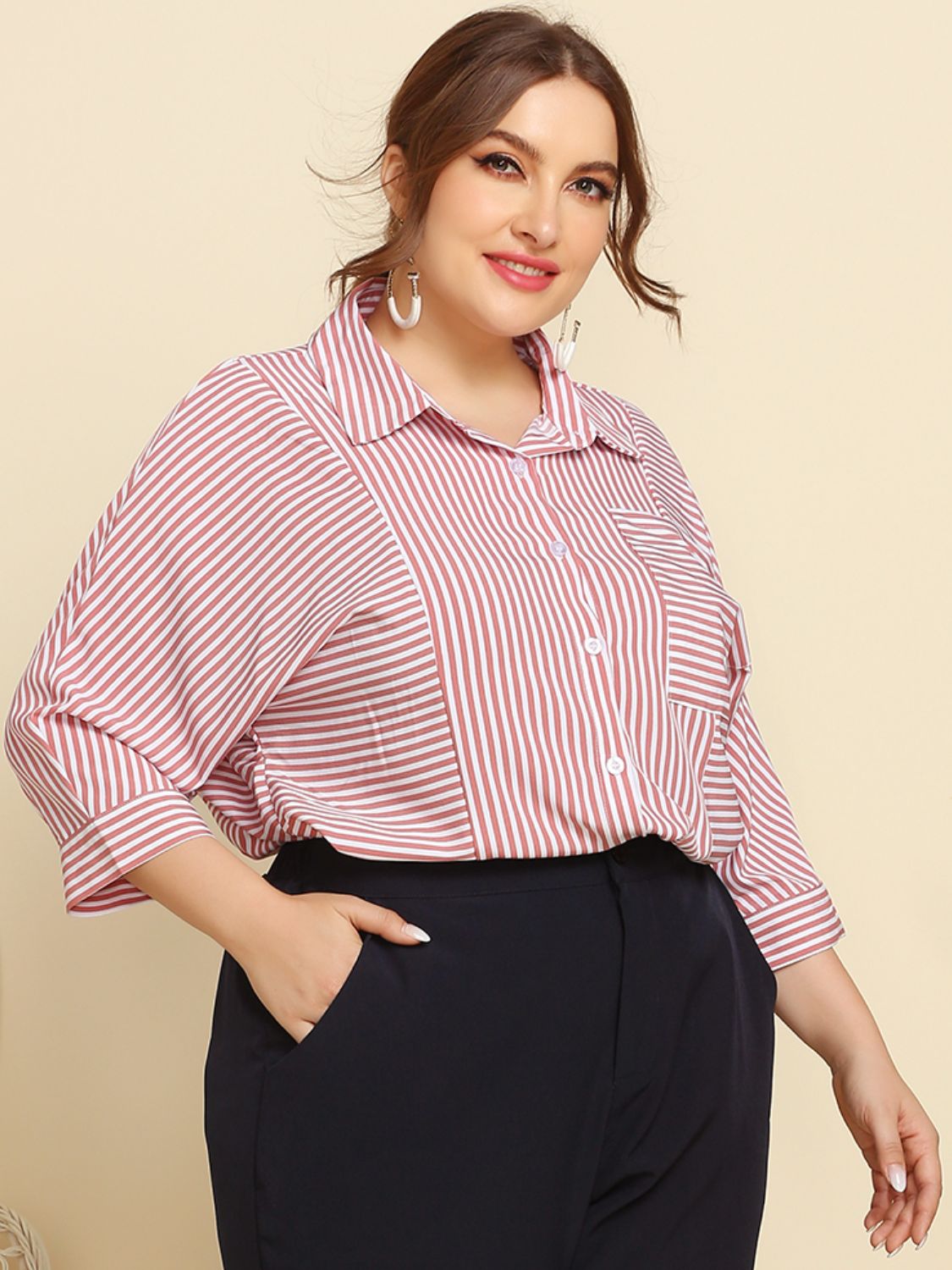 Plus Size Striped Three-Quarter Sleeve Shirt BLUE ZONE PLANET