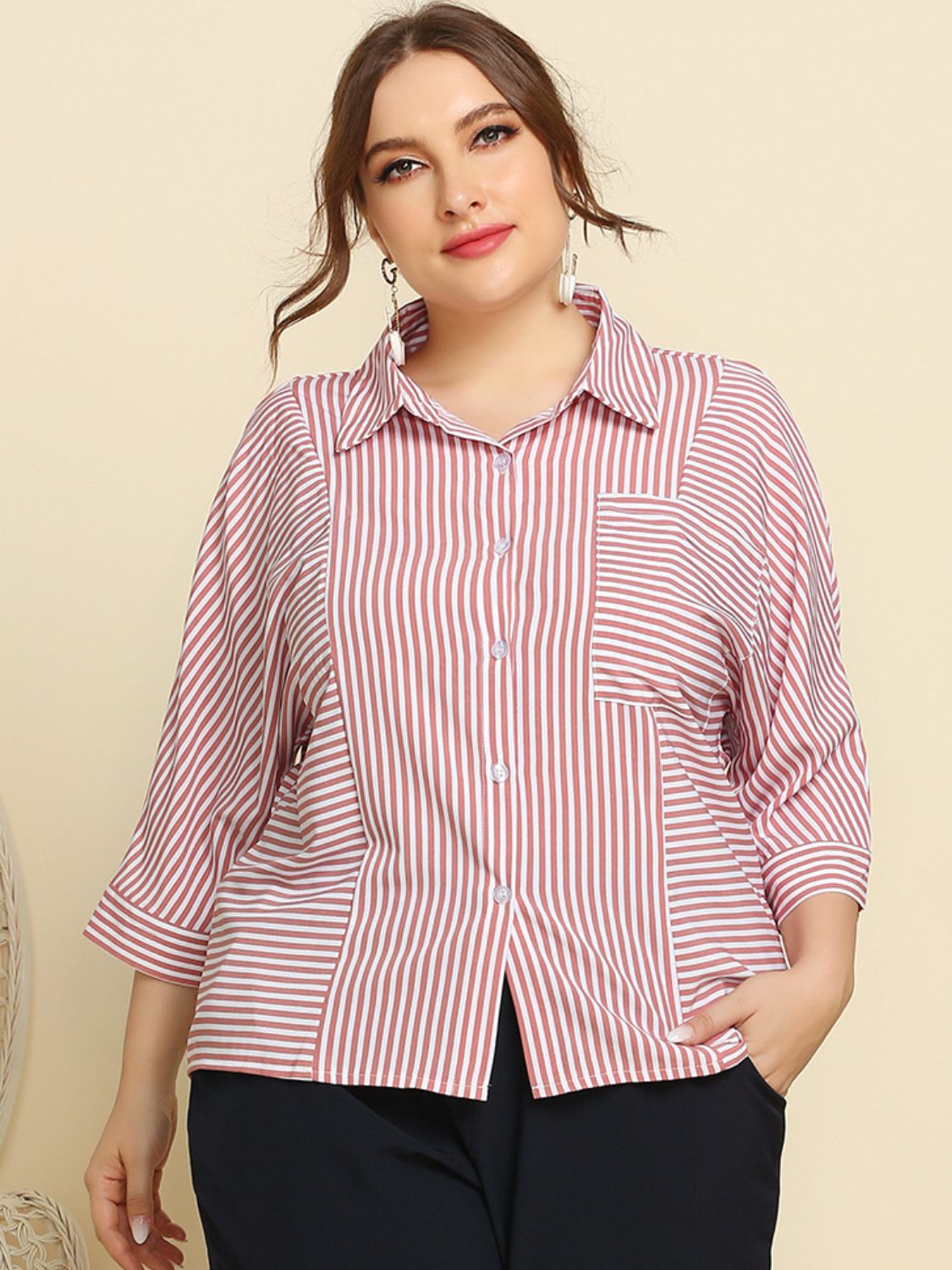 Plus Size Striped Three-Quarter Sleeve Shirt BLUE ZONE PLANET