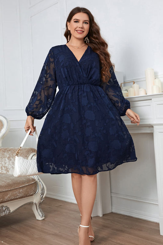 Plus Size Surplice Neck Balloon Sleeve Dress BLUE ZONE PLANET