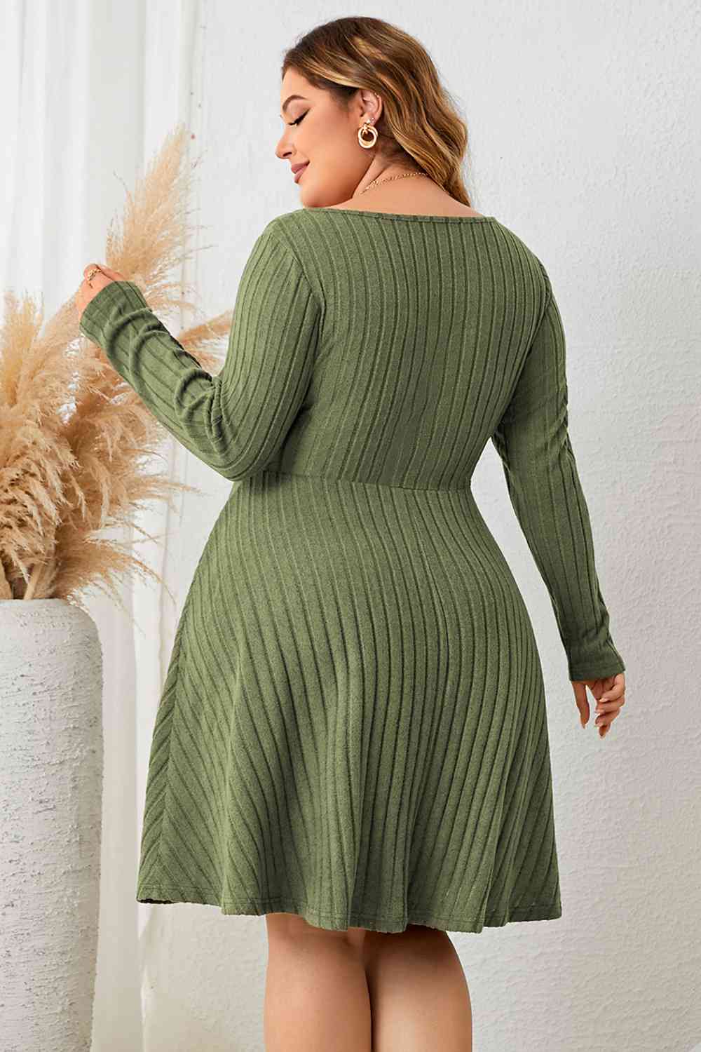 Plus Size Sweetheart Neck Long Sleeve Ribbed Dress BLUE ZONE PLANET