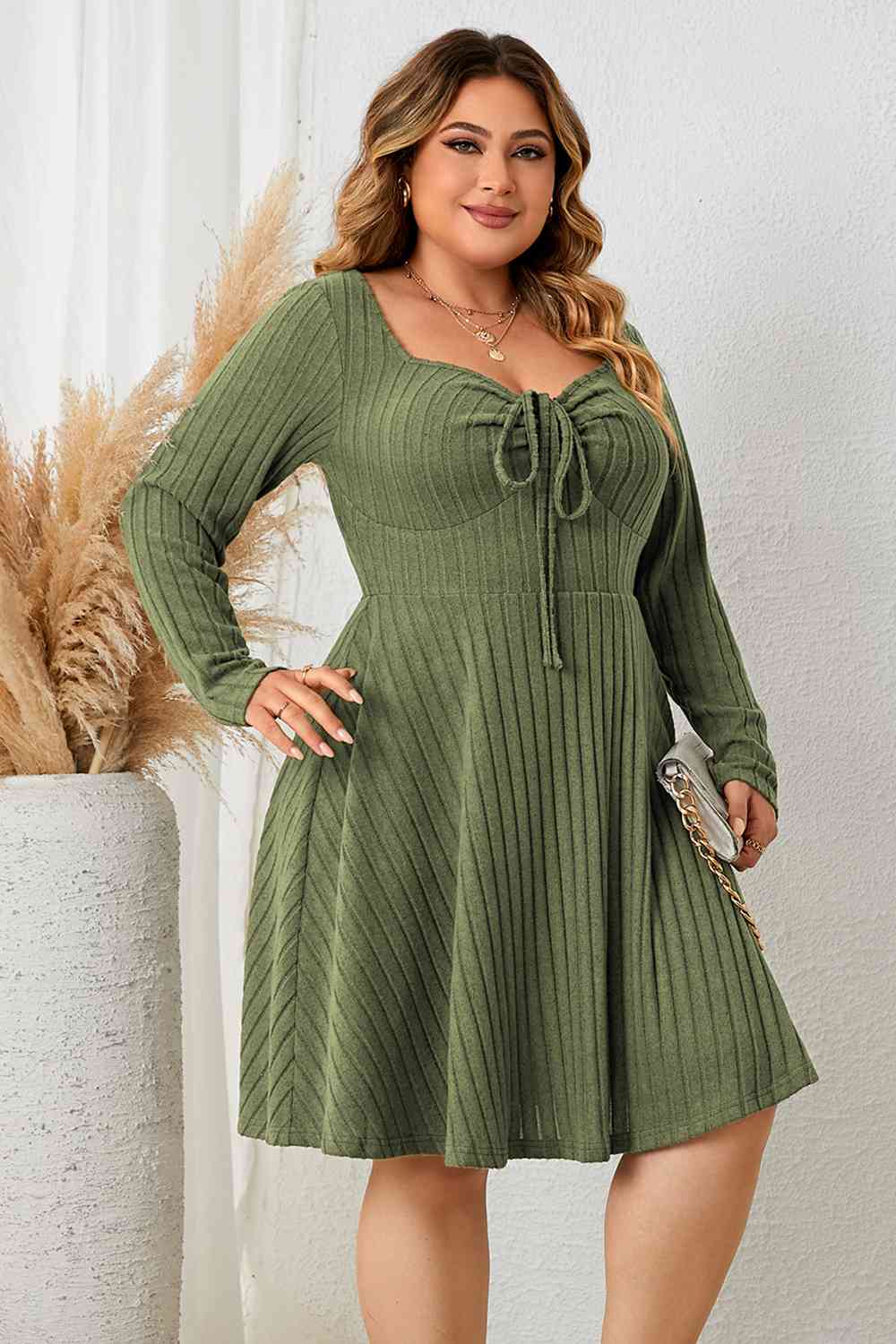 Plus Size Sweetheart Neck Long Sleeve Ribbed Dress BLUE ZONE PLANET