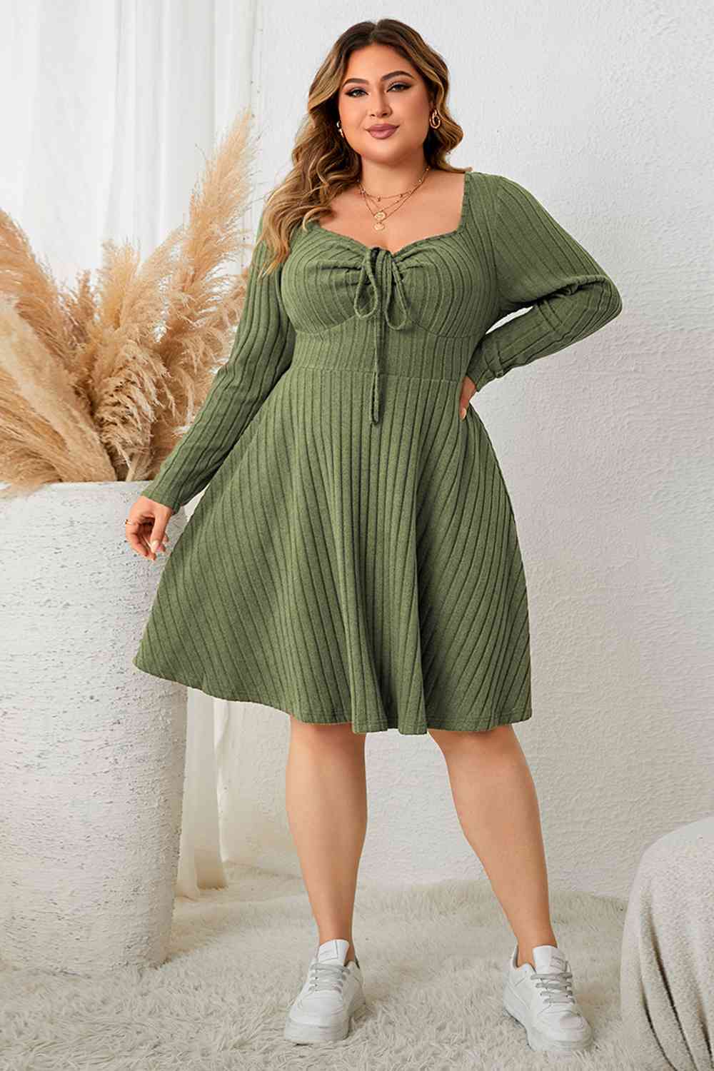 Plus Size Sweetheart Neck Long Sleeve Ribbed Dress BLUE ZONE PLANET