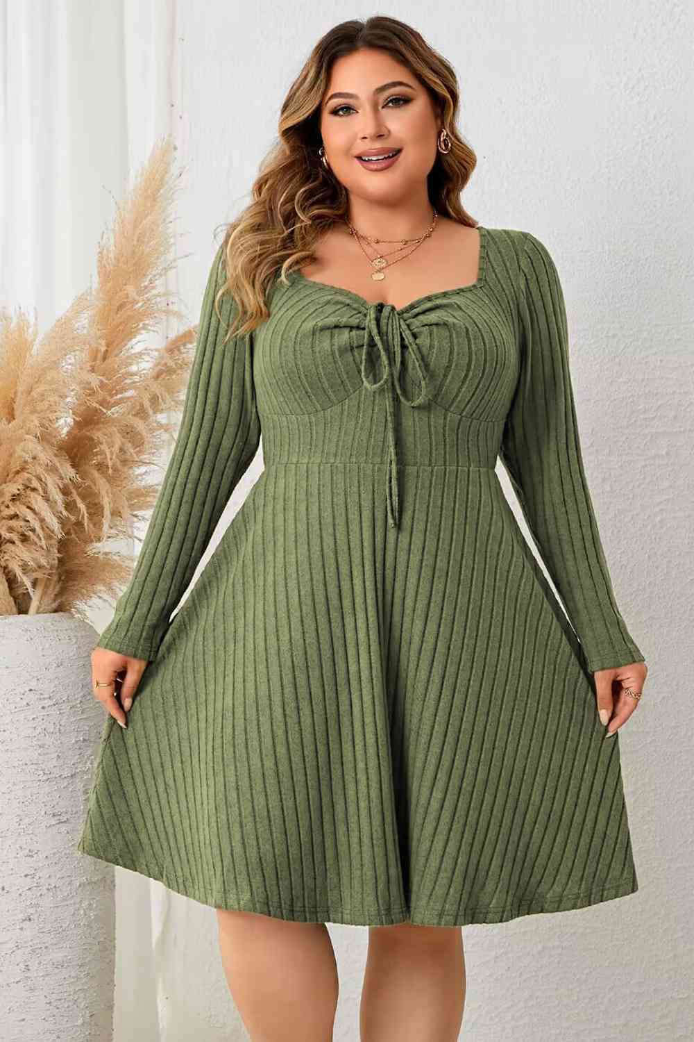 Plus Size Sweetheart Neck Long Sleeve Ribbed Dress BLUE ZONE PLANET