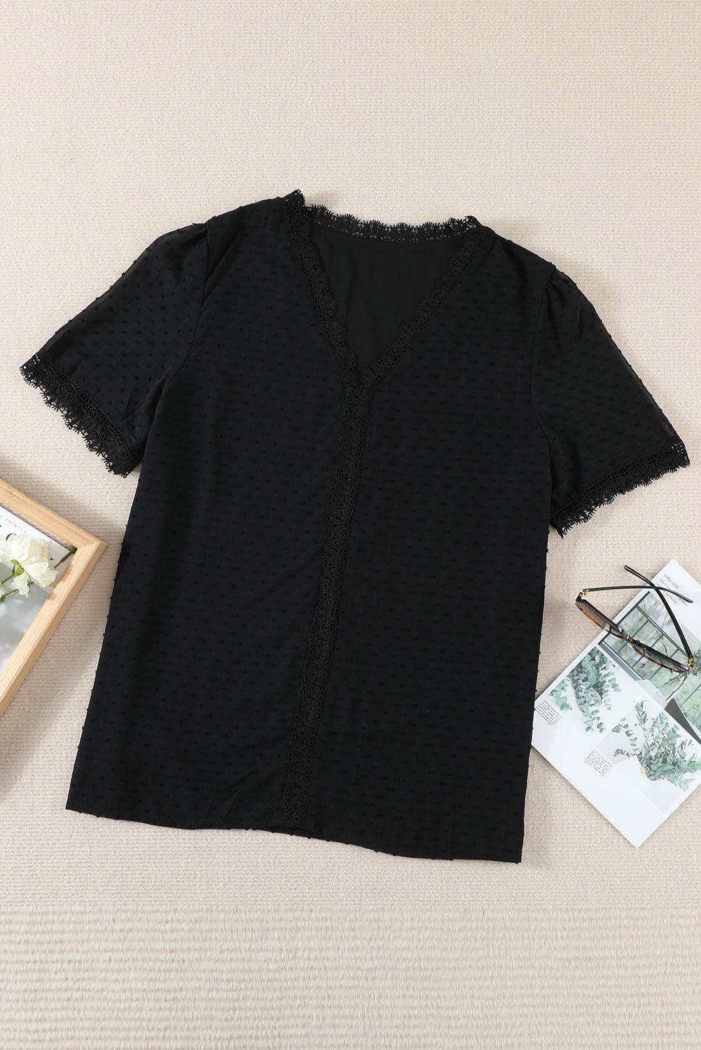 Plus Size Swiss Dot Spliced Lace V-Neck Blouse-TOPS / DRESSES-[Adult]-[Female]-Black-1X-2022 Online Blue Zone Planet