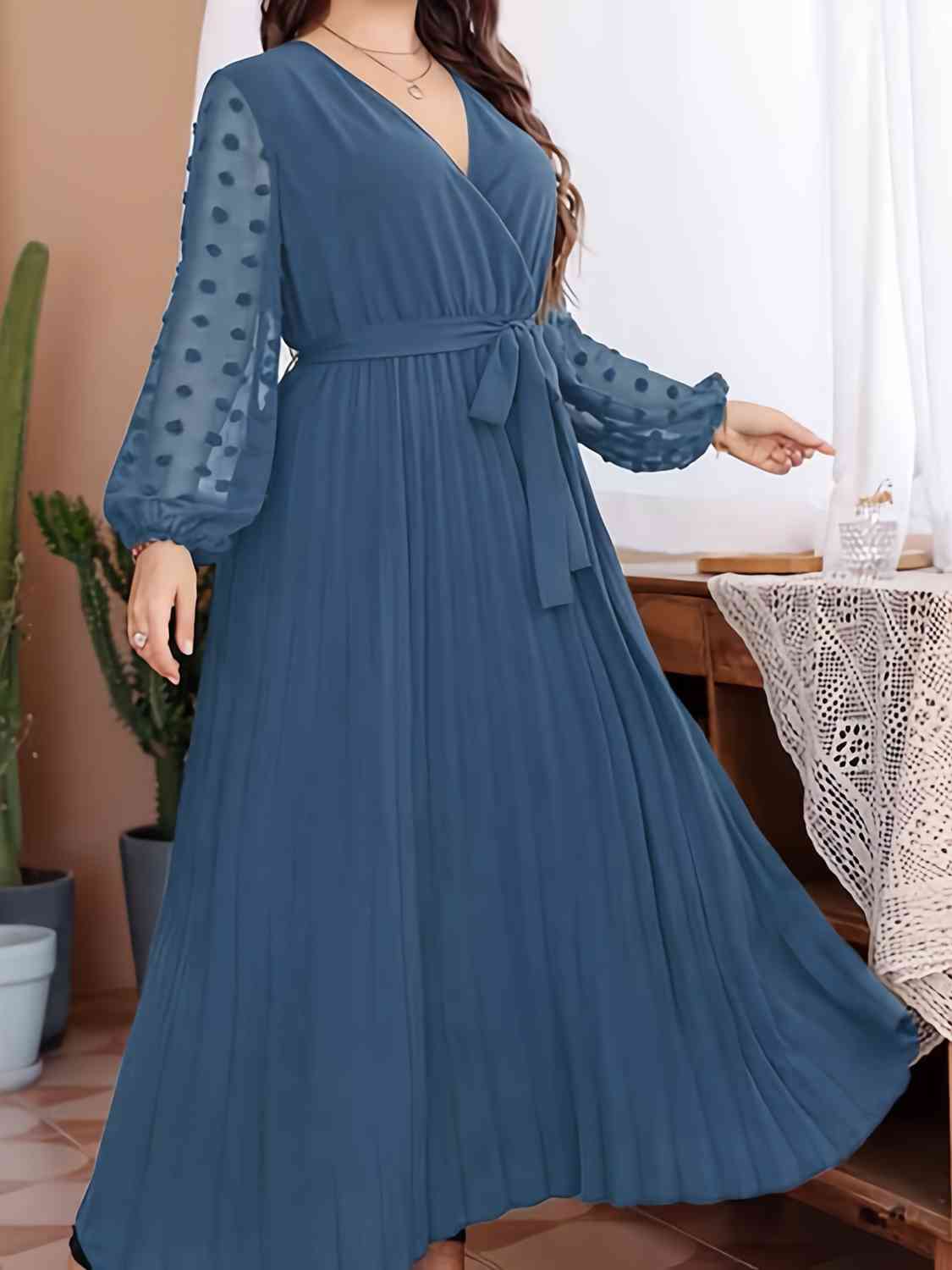 Plus Size Swiss Dot Tie Waist Maxi Dress BLUE ZONE PLANET