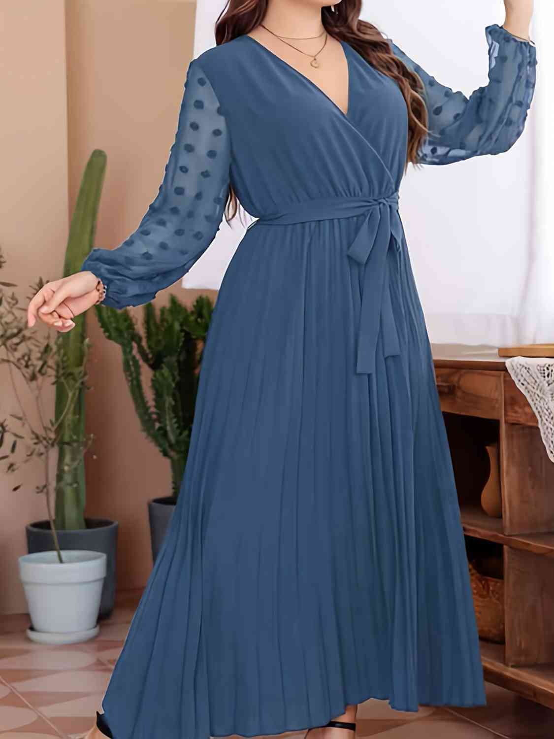 Plus Size Swiss Dot Tie Waist Maxi Dress BLUE ZONE PLANET