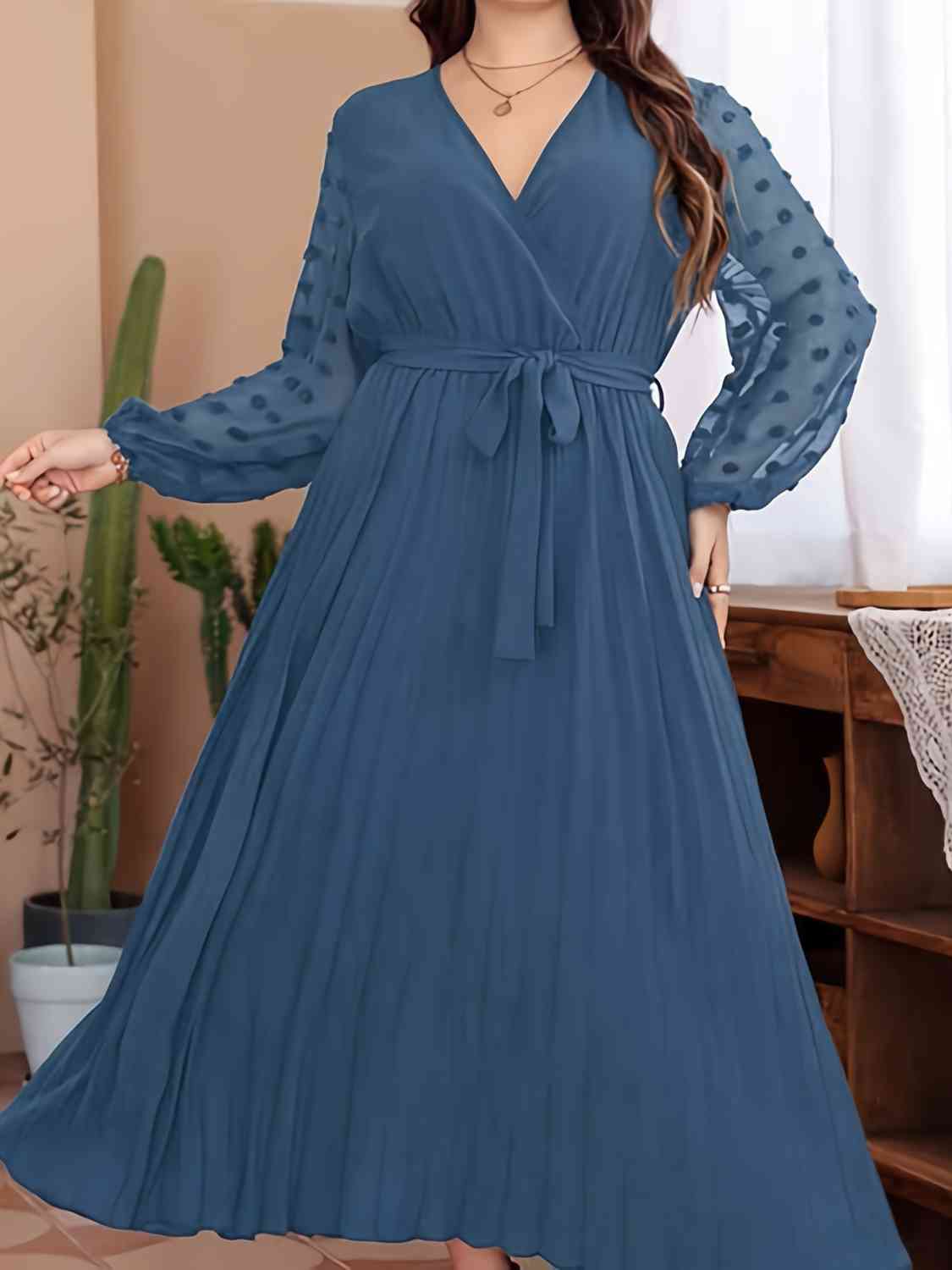 Plus Size Swiss Dot Tie Waist Maxi Dress BLUE ZONE PLANET