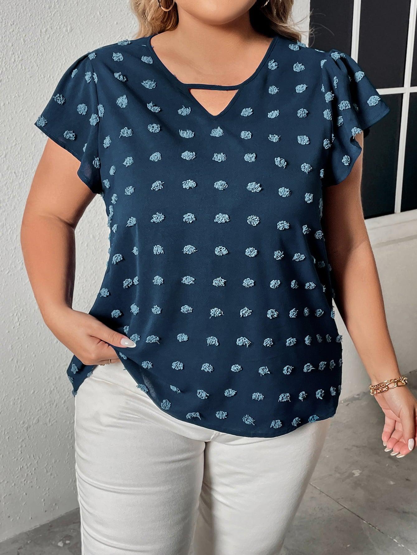 Plus Size Swiss Dot V-Neck Flutter Sleeve Tee BLUE ZONE PLANET