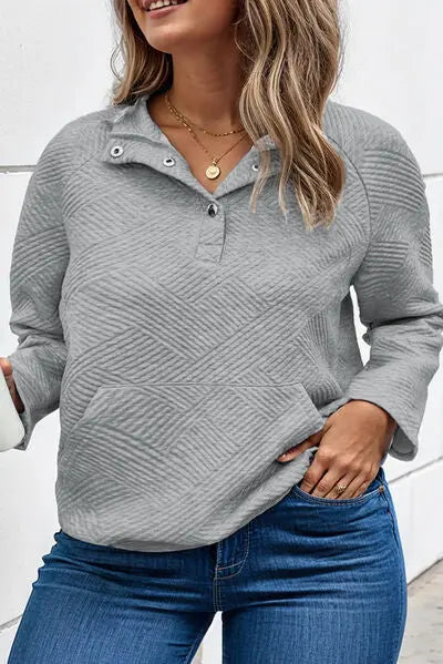 Plus Size Texture Half Snap Long Sleeve Sweatshirt BLUE ZONE PLANET