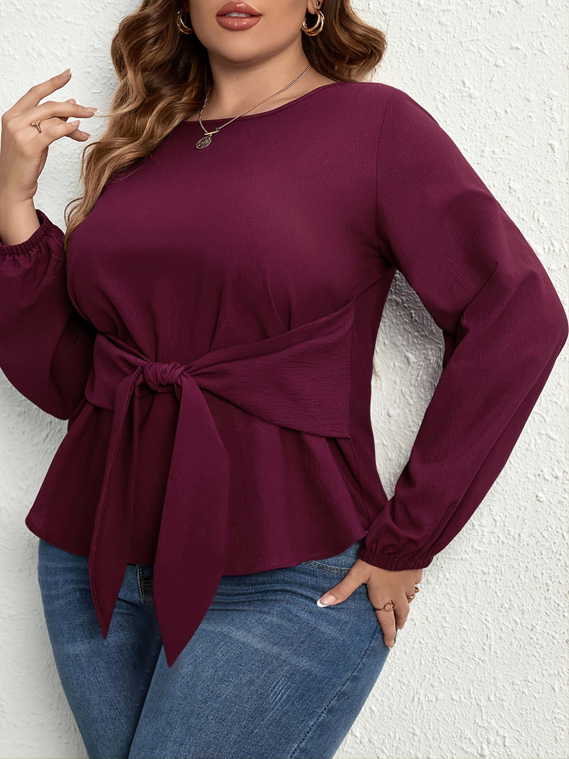 Plus Size Tie Front Long Sleeve Blouse BLUE ZONE PLANET