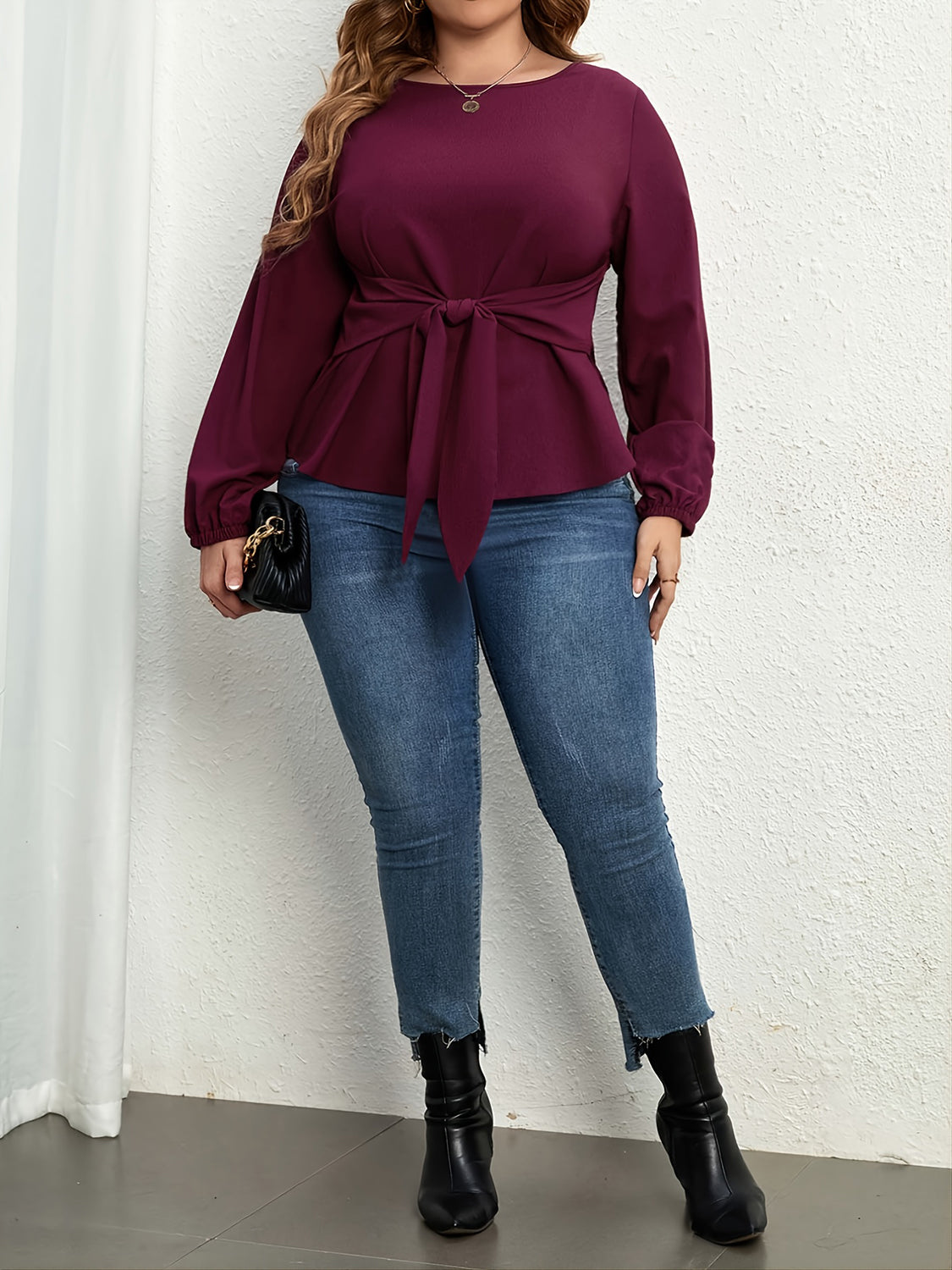 Plus Size Tie Front Long Sleeve Blouse BLUE ZONE PLANET