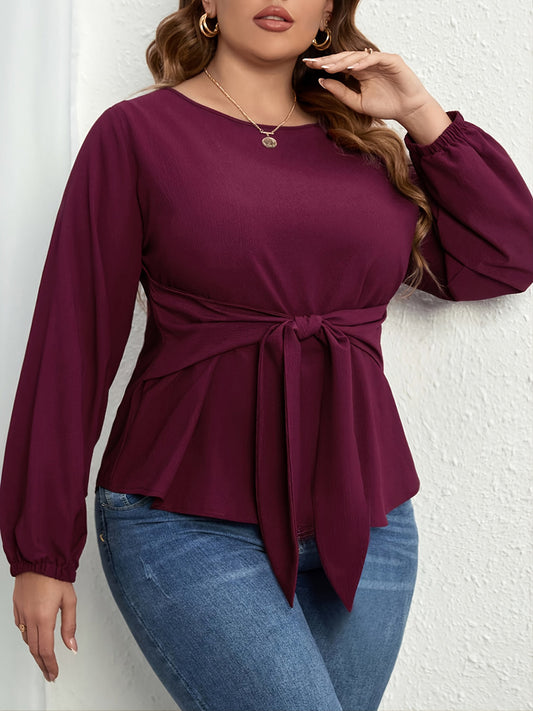 Plus Size Tie Front Long Sleeve Blouse BLUE ZONE PLANET