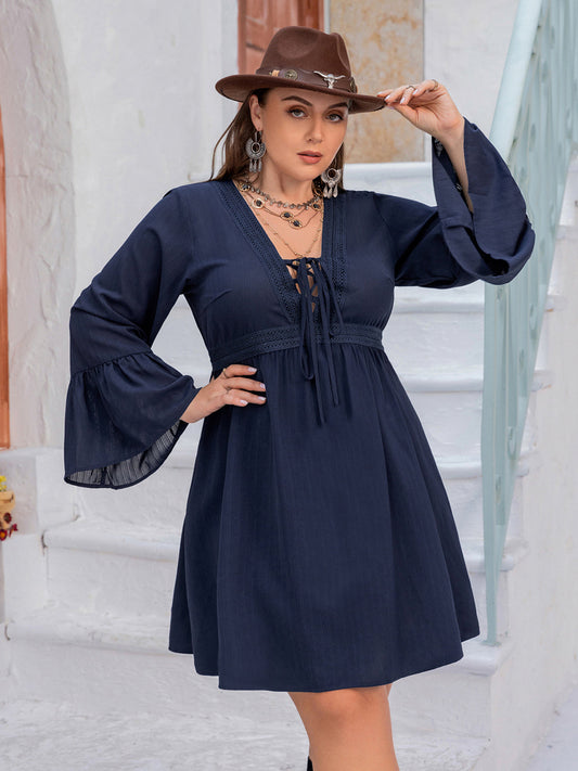 Plus Size Tie Front V-Neck Flare Sleeve Dress-TOPS / DRESSES-[Adult]-[Female]-Navy-0XL-2022 Online Blue Zone Planet