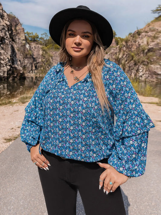 Plus Size Tie Neck Ruffled Blouse BLUE ZONE PLANET