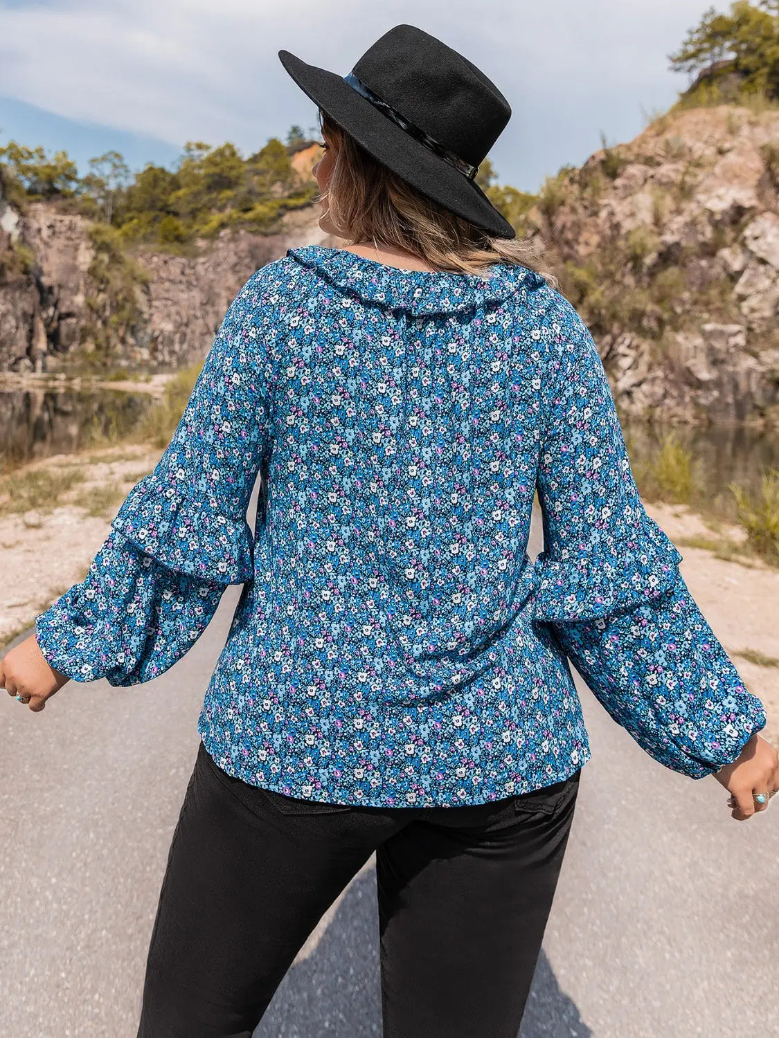 Plus Size Tie Neck Ruffled Blouse BLUE ZONE PLANET